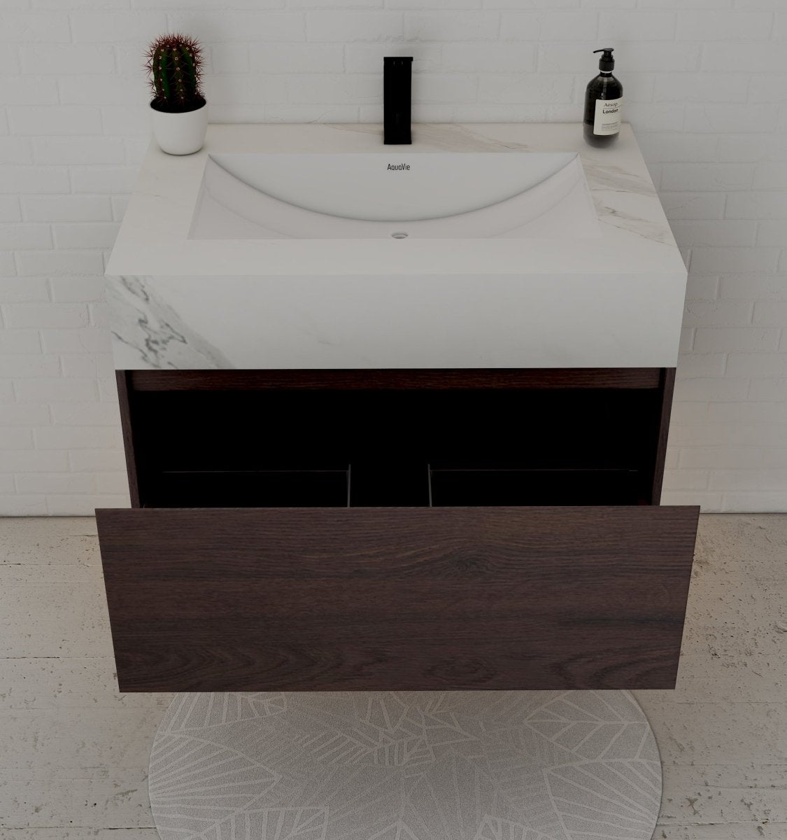 32" Walnut Single Sink Floating Bathroom Vanity with Sintered Stone Top - VanityWhite Carrara NeoNova Decor