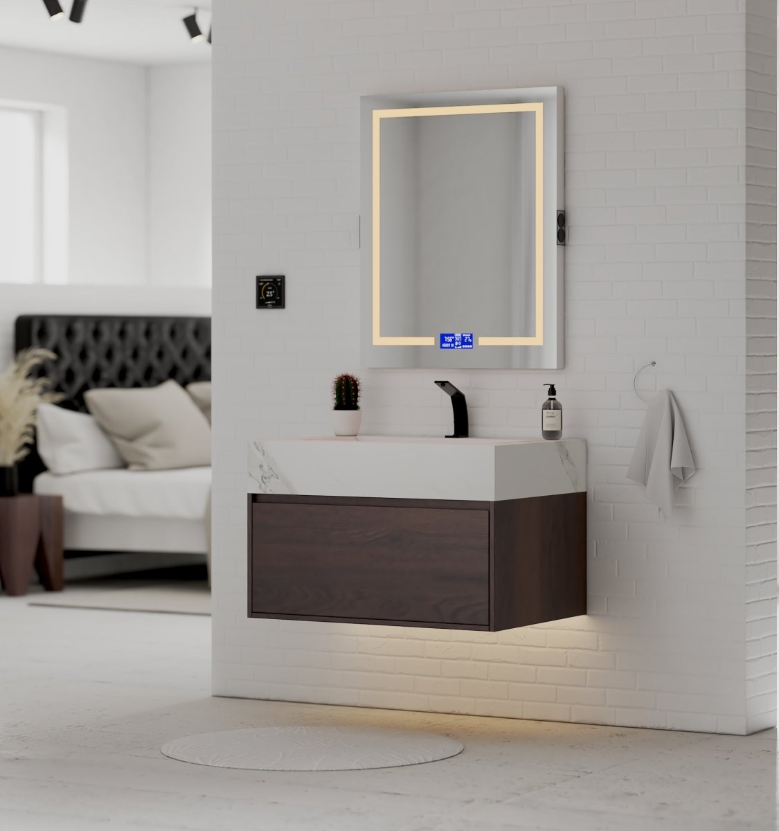 32" Walnut Single Sink Floating Bathroom Vanity with Sintered Stone Top - VanityWhite Carrara NeoNova Decor