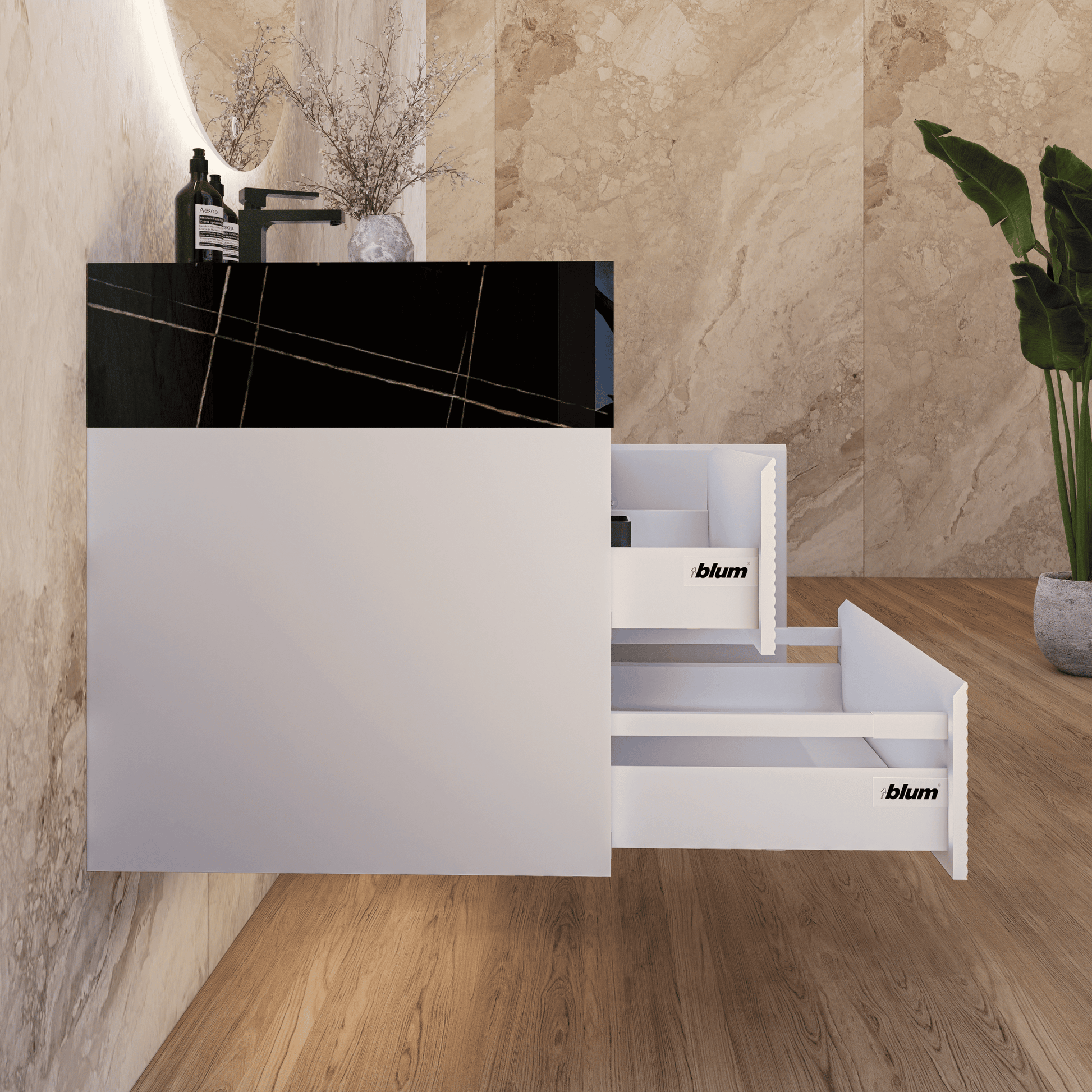 32" White Fluted Floating Vanity with Seamless Stone Sink - VanityBlack Marquina Gold Veins