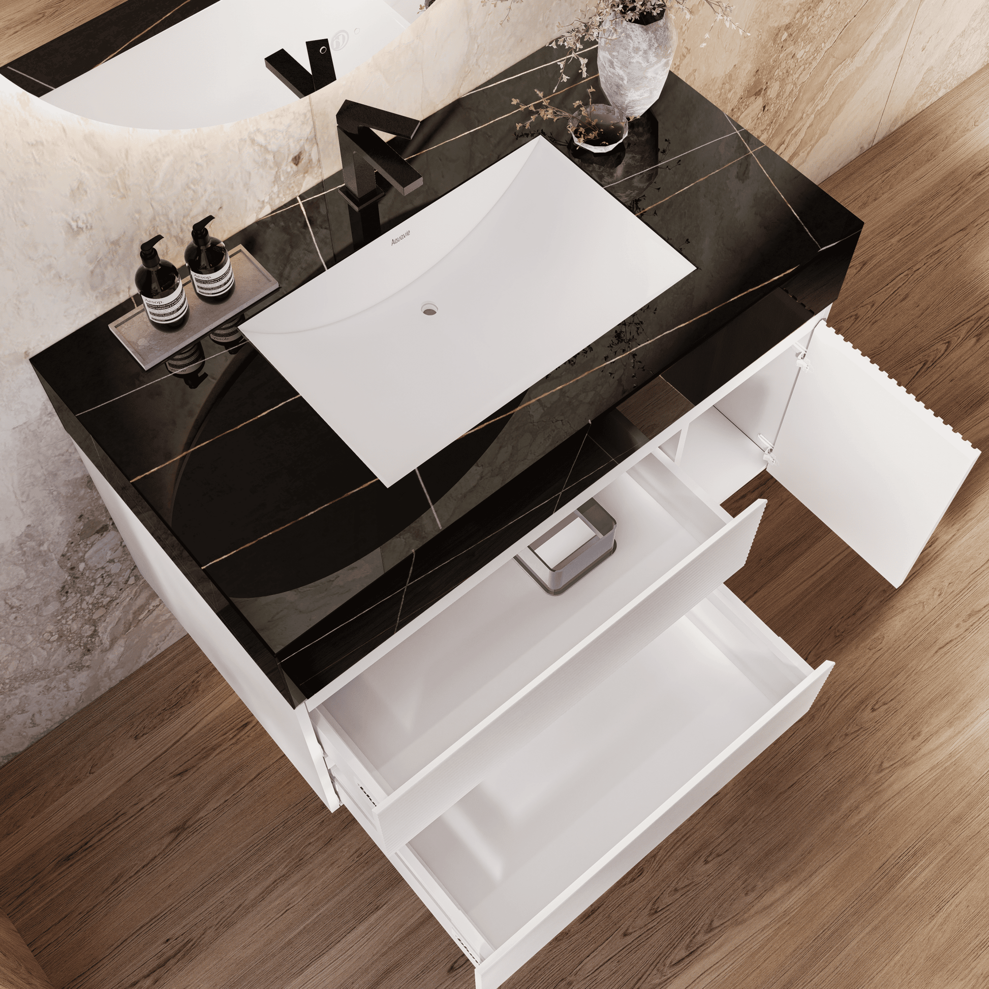 32" White Fluted Floating Vanity with Seamless Stone Sink - VanityBlack Marquina Gold Veins