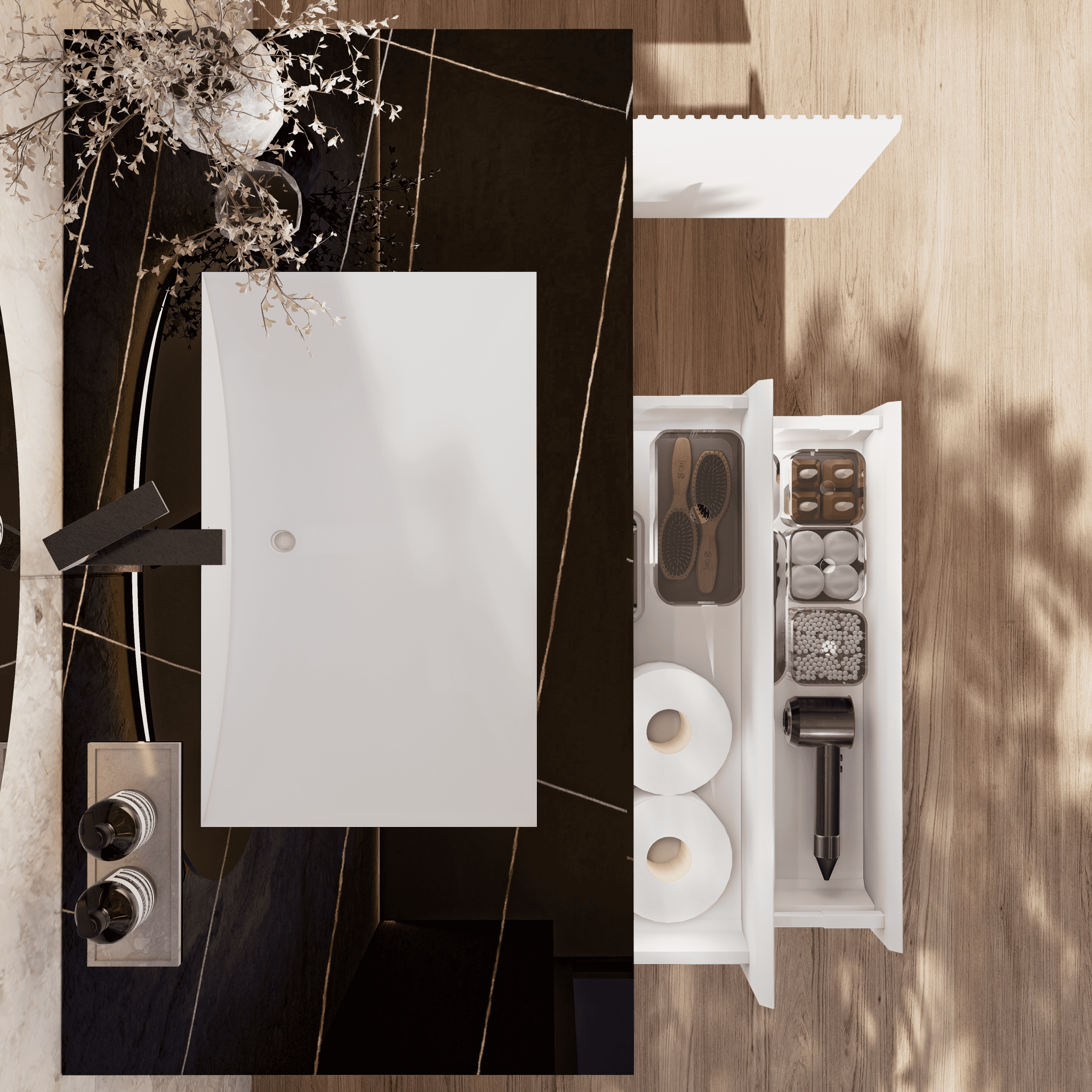 32" White Fluted Floating Vanity with Seamless Stone Sink - VanityBlack Marquina Gold Veins