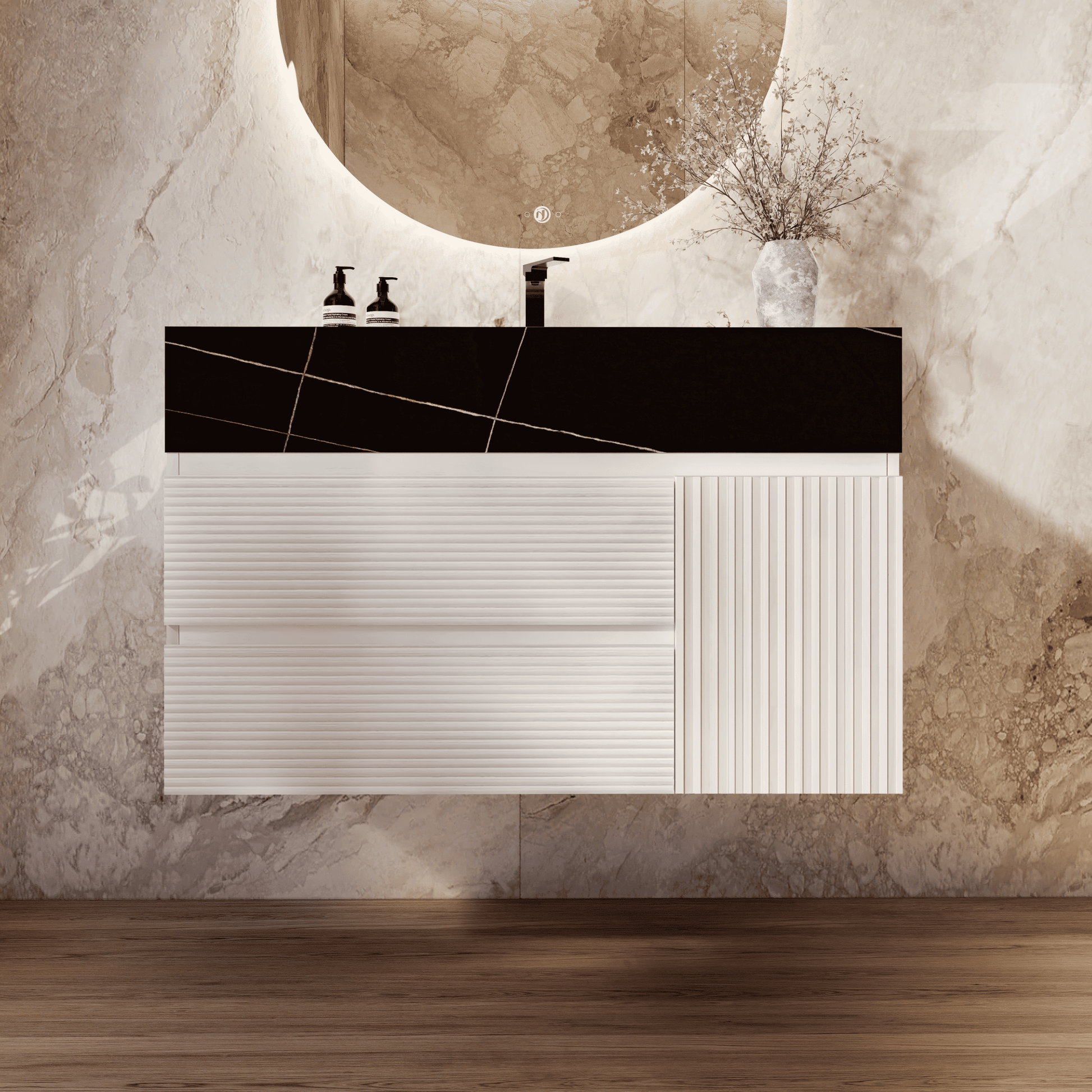 32" White Fluted Floating Vanity with Seamless Stone Sink - VanityBlack Marquina Gold Veins