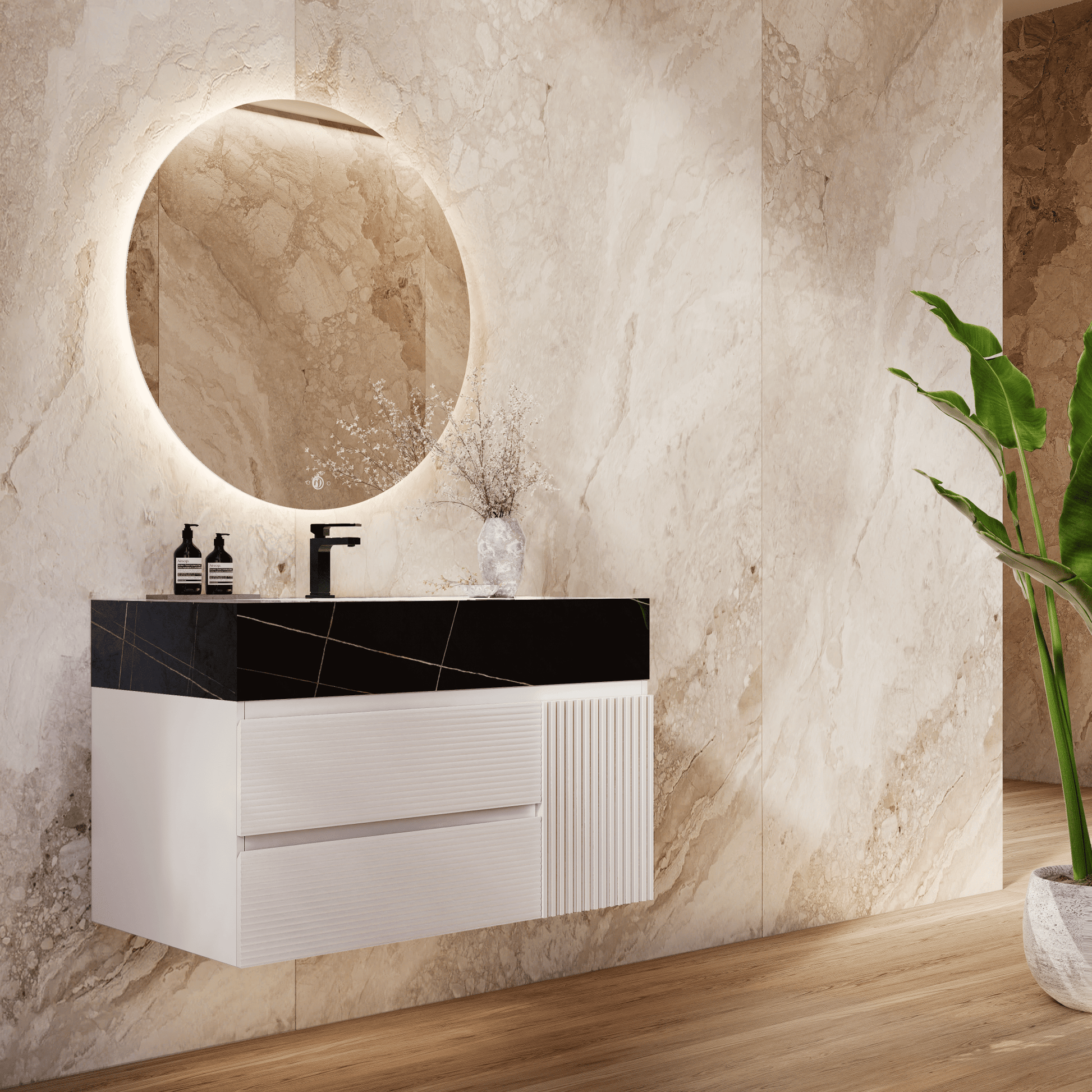 32" White Fluted Floating Vanity with Seamless Stone Sink - VanityBlack Marquina Gold Veins