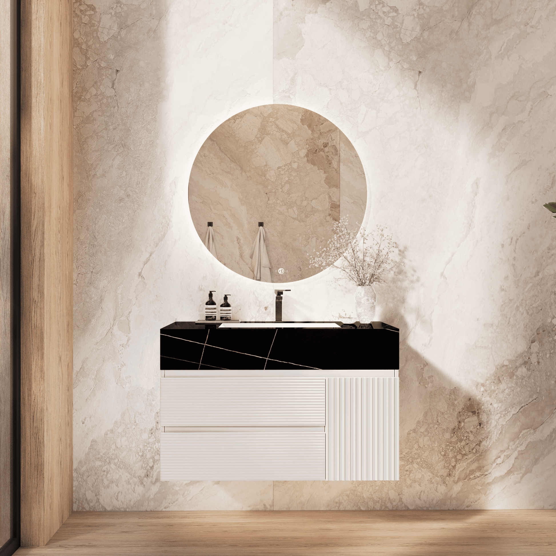 32" White Fluted Floating Vanity with Seamless Stone Sink - VanityBlack Marquina Gold Veins