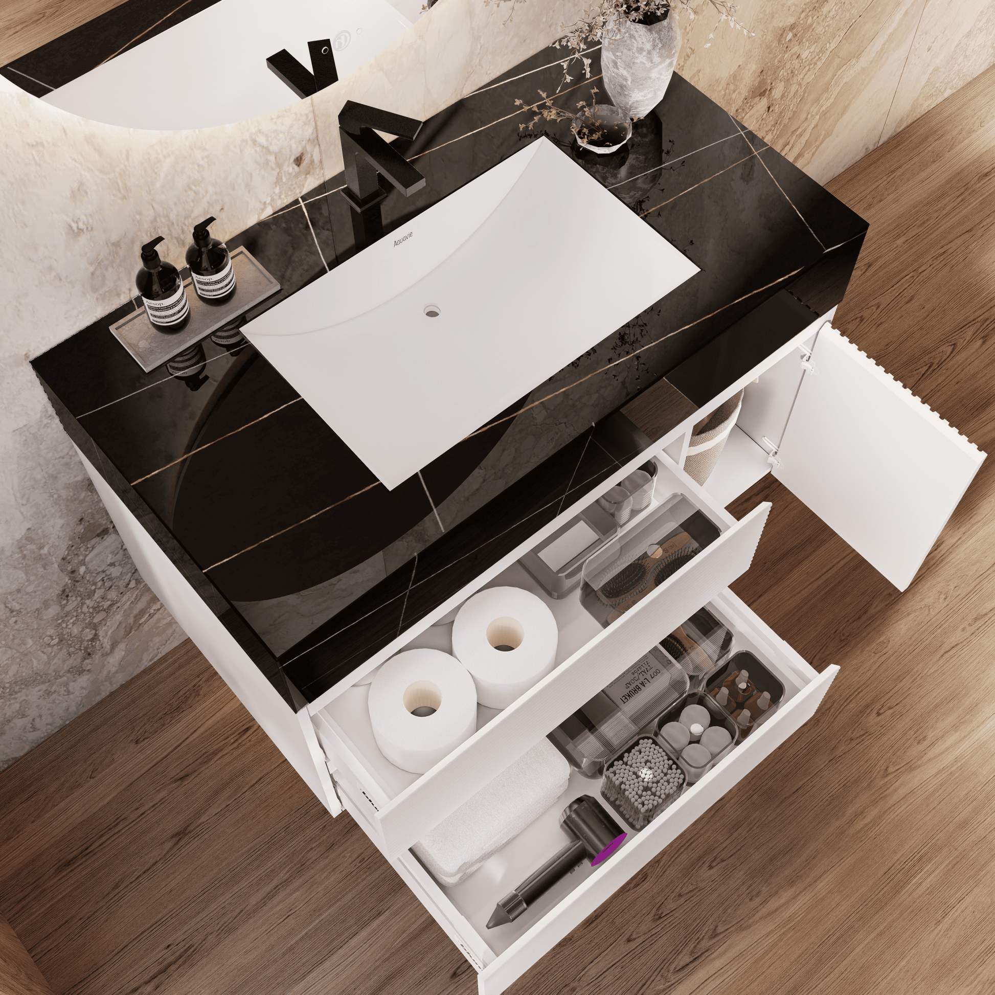 32" White Fluted Floating Vanity with Seamless Stone Sink - VanityBlack Marquina Gold Veins