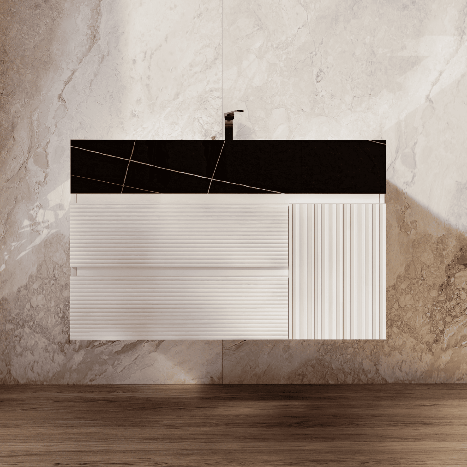 32" White Fluted Floating Vanity with Seamless Stone Sink - VanityBlack Marquina Gold Veins