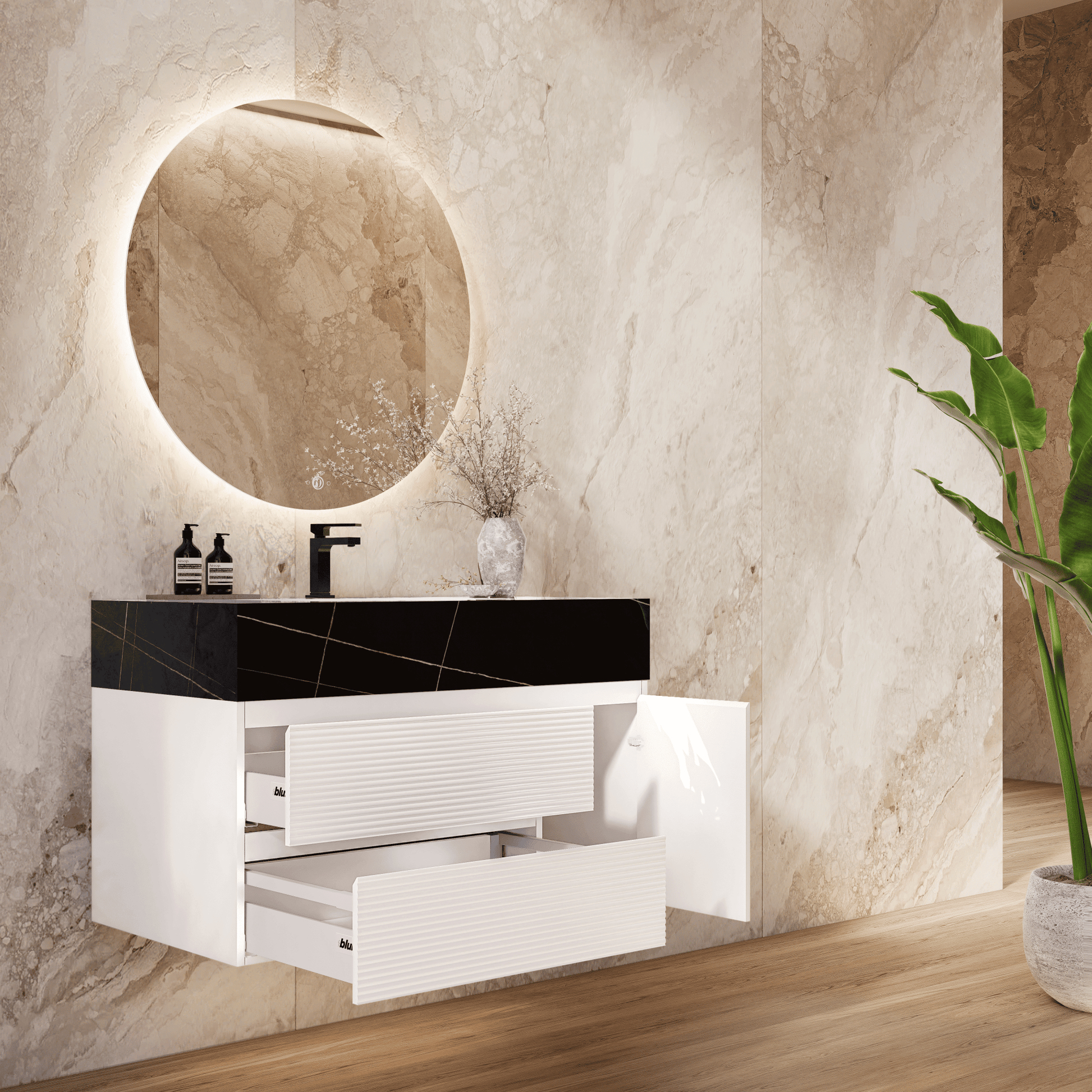 32" White Fluted Floating Vanity with Seamless Stone Sink - VanityBlack Marquina Gold Veins