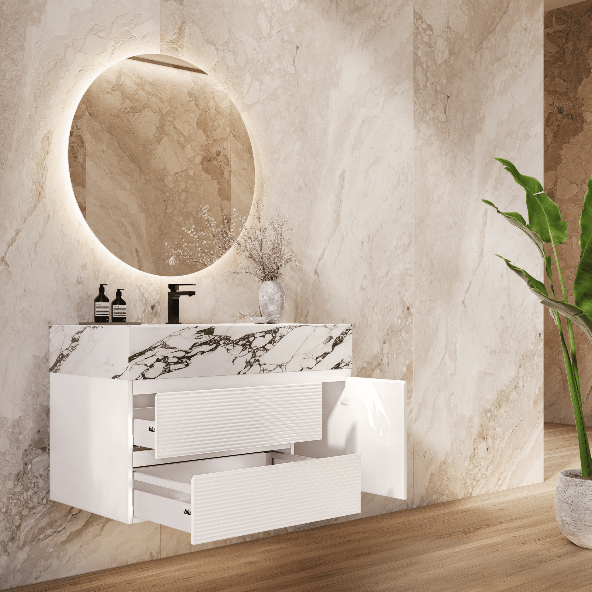 32" White Fluted Floating Vanity with Seamless Stone Sink - VanityCalacatta Black