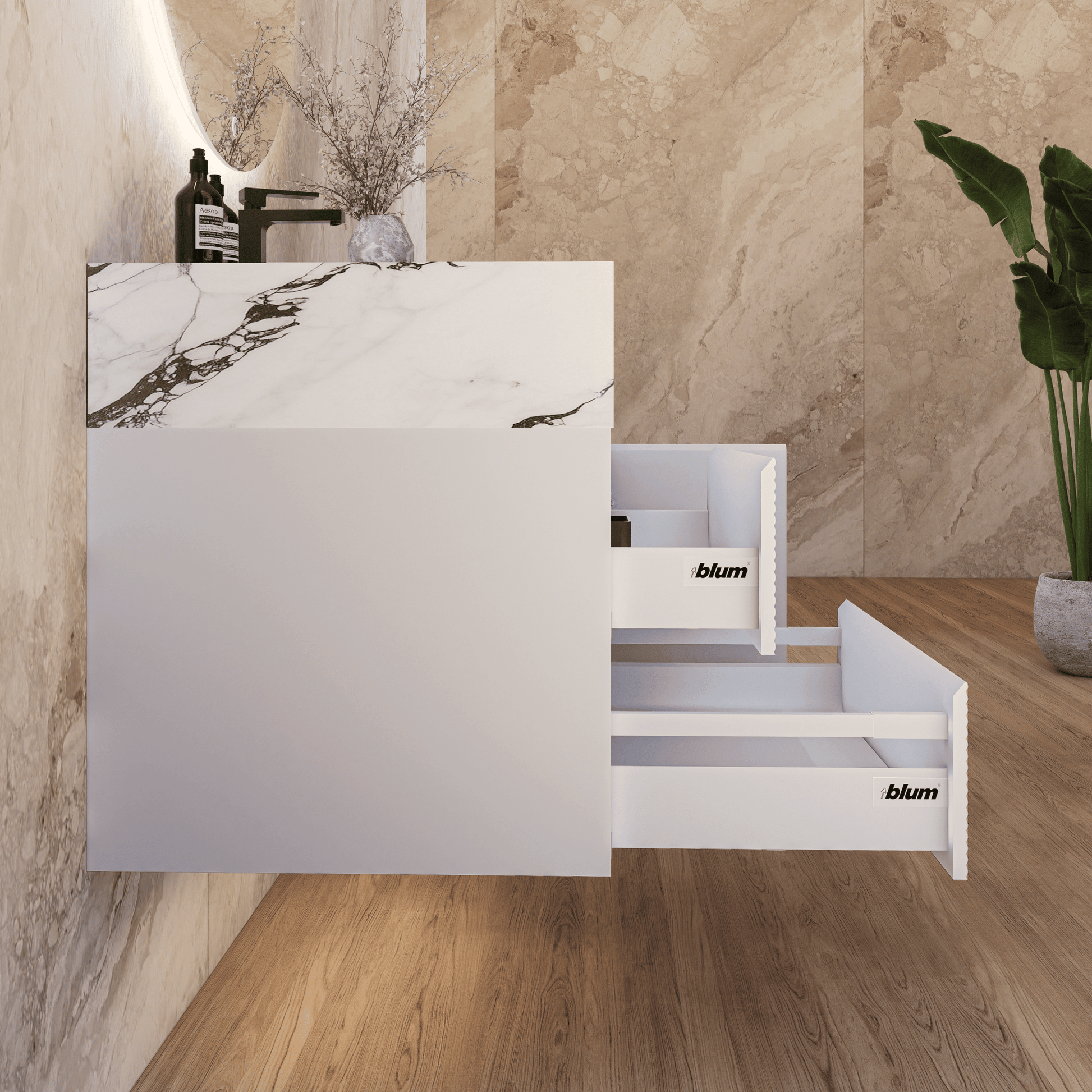 32" White Fluted Floating Vanity with Seamless Stone Sink - VanityCalacatta Black