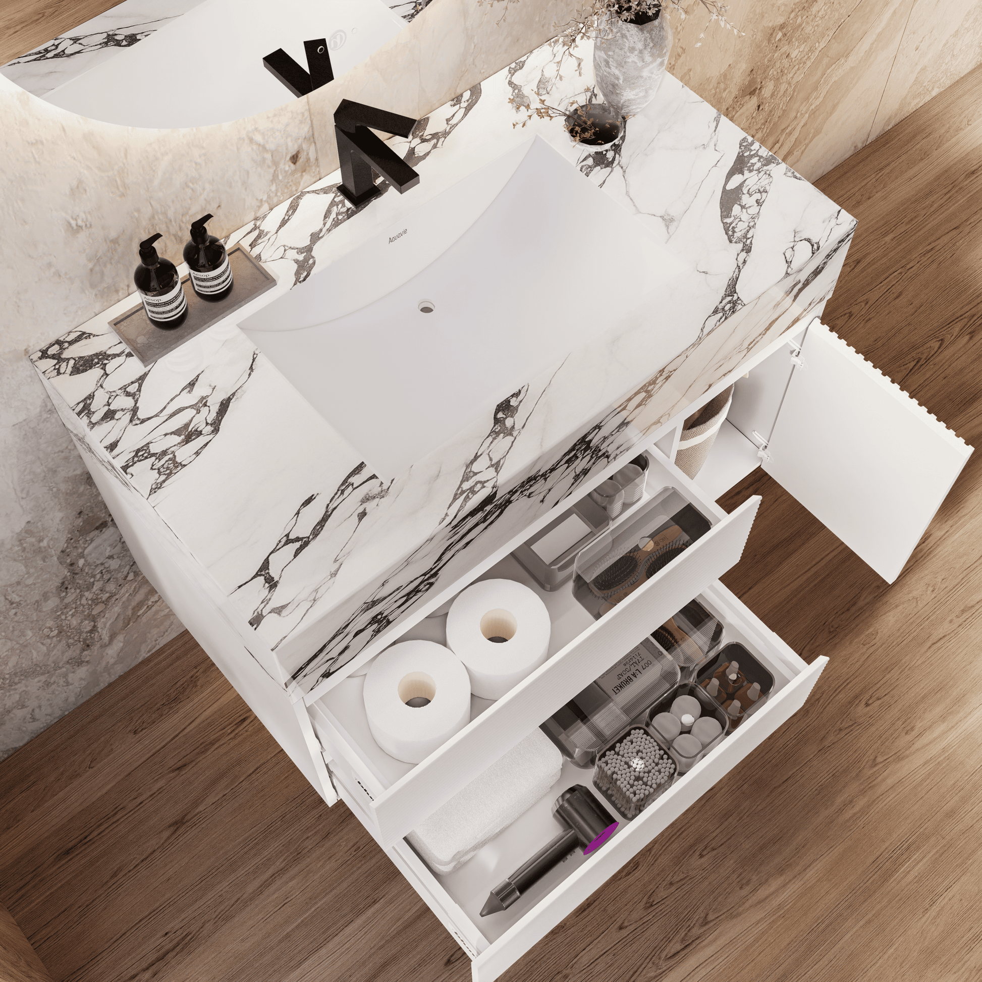 32" White Fluted Floating Vanity with Seamless Stone Sink - VanityCalacatta Black