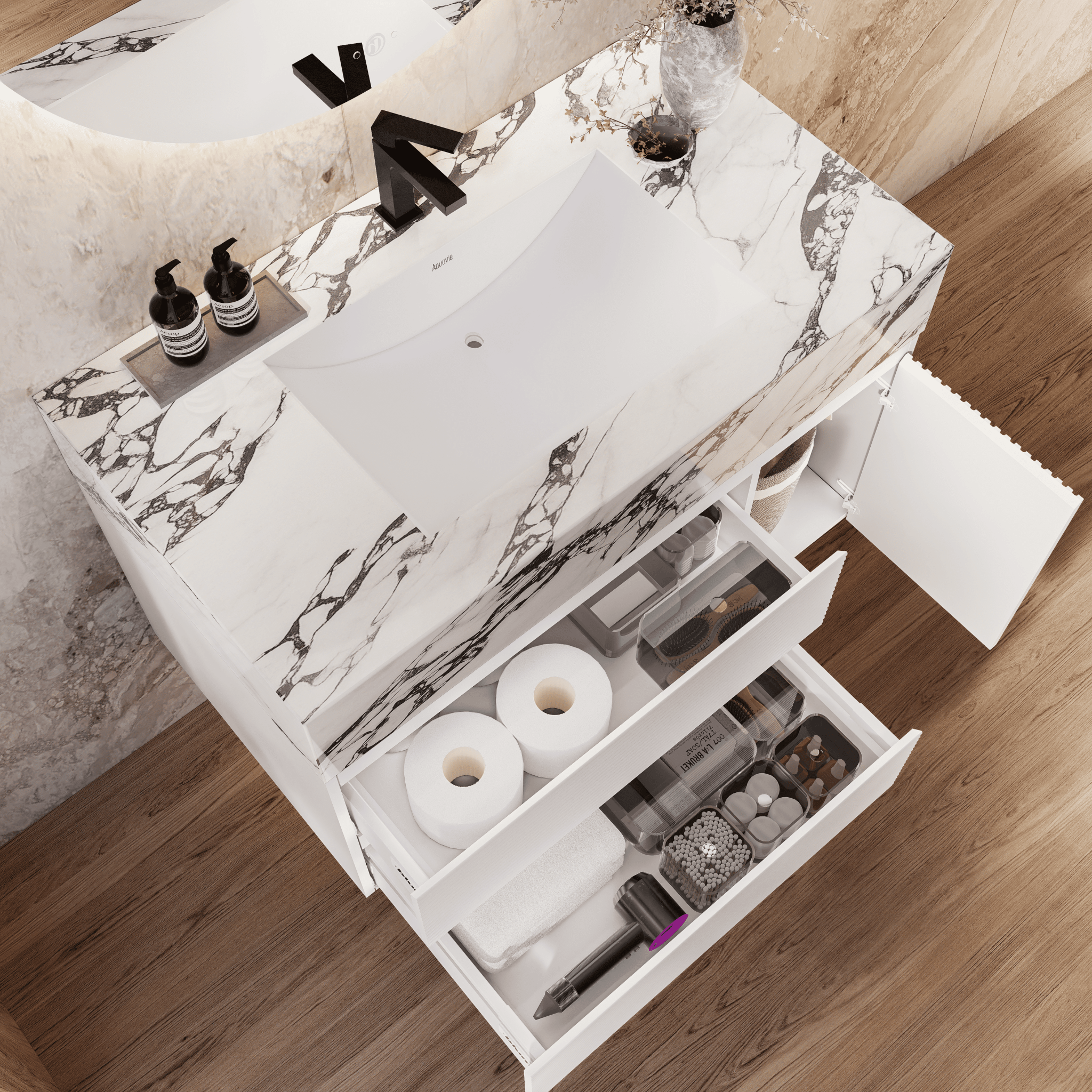 32" White Fluted Floating Vanity with Seamless Stone Sink - VanityCalacatta Black