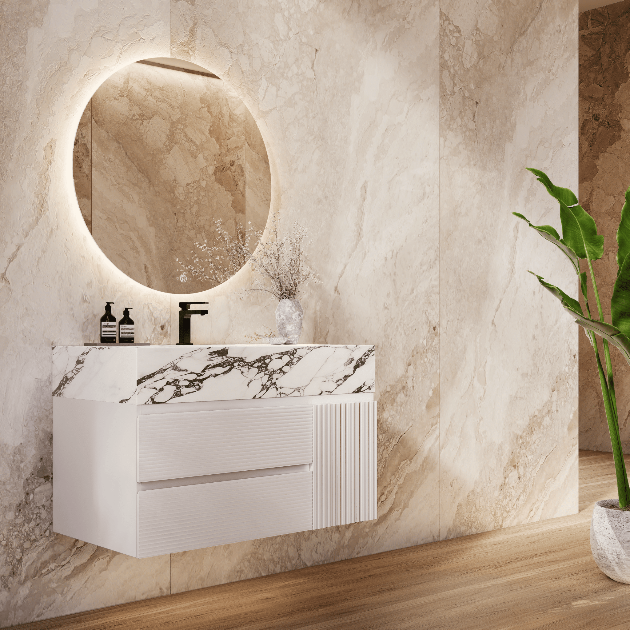 32" White Fluted Floating Vanity with Seamless Stone Sink - VanityCalacatta Black