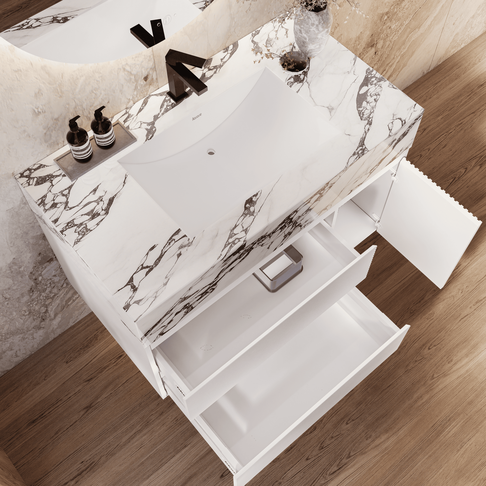 32" White Fluted Floating Vanity with Seamless Stone Sink - VanityCalacatta Black