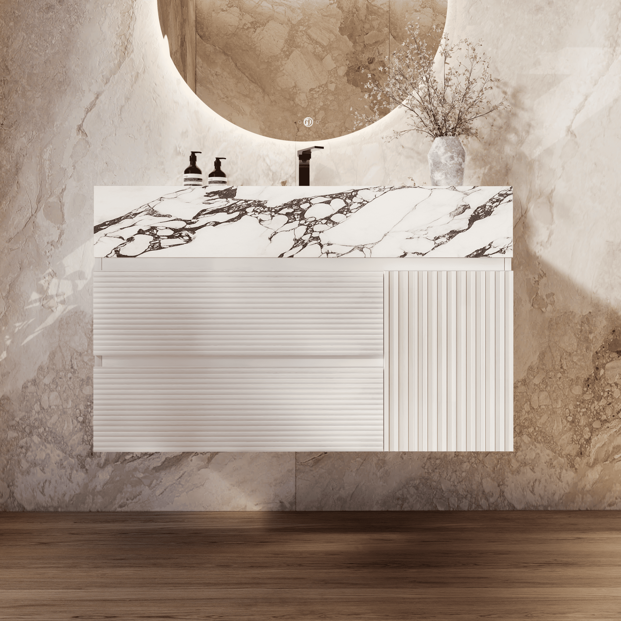 32" White Fluted Floating Vanity with Seamless Stone Sink - VanityCalacatta Black