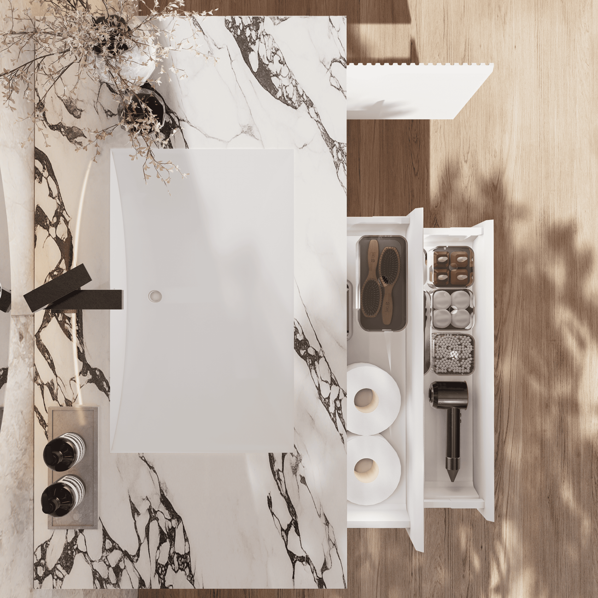 32" White Fluted Floating Vanity with Seamless Stone Sink - VanityCalacatta Black