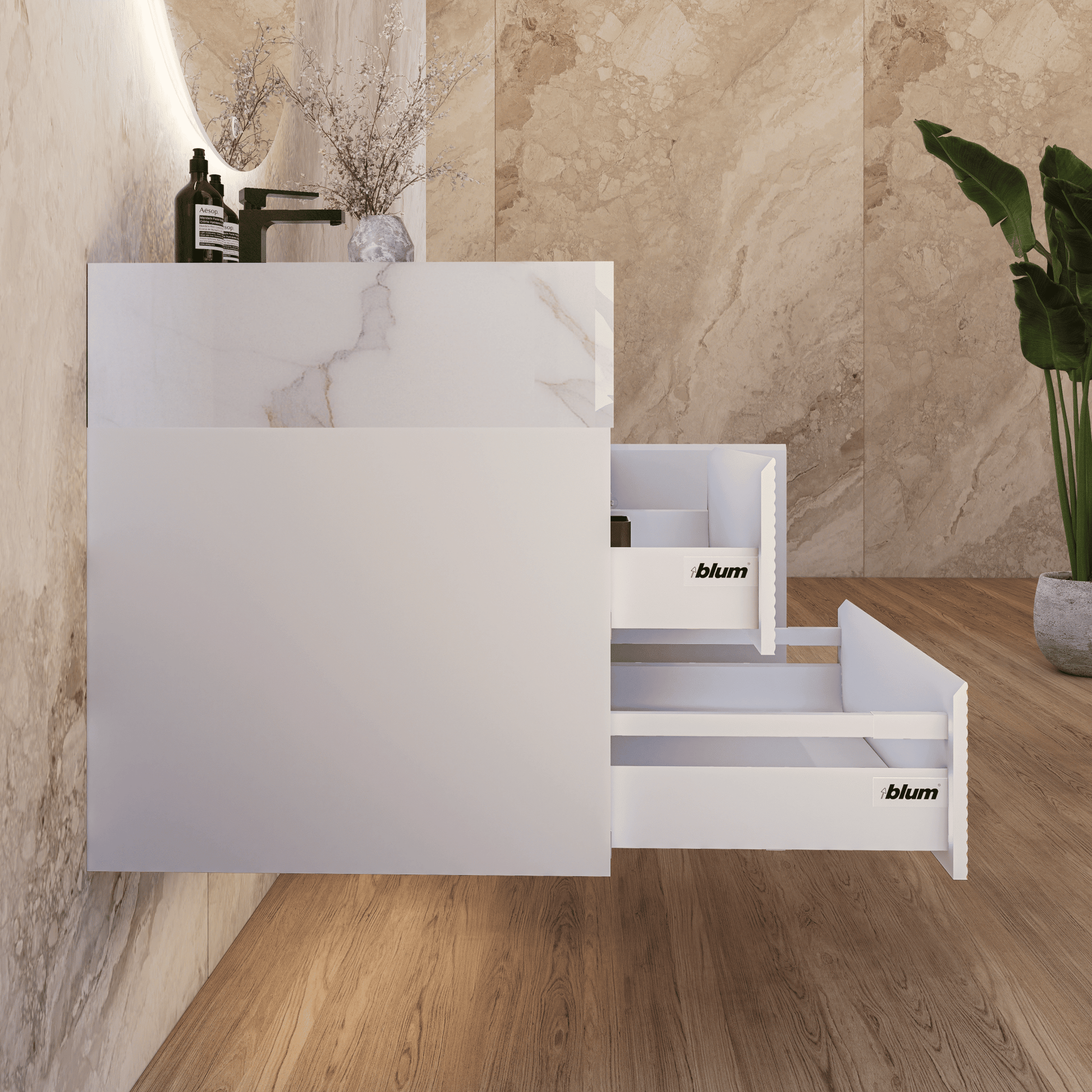 32" White Fluted Floating Vanity with Seamless Stone Sink - VanityCalacatta Gold