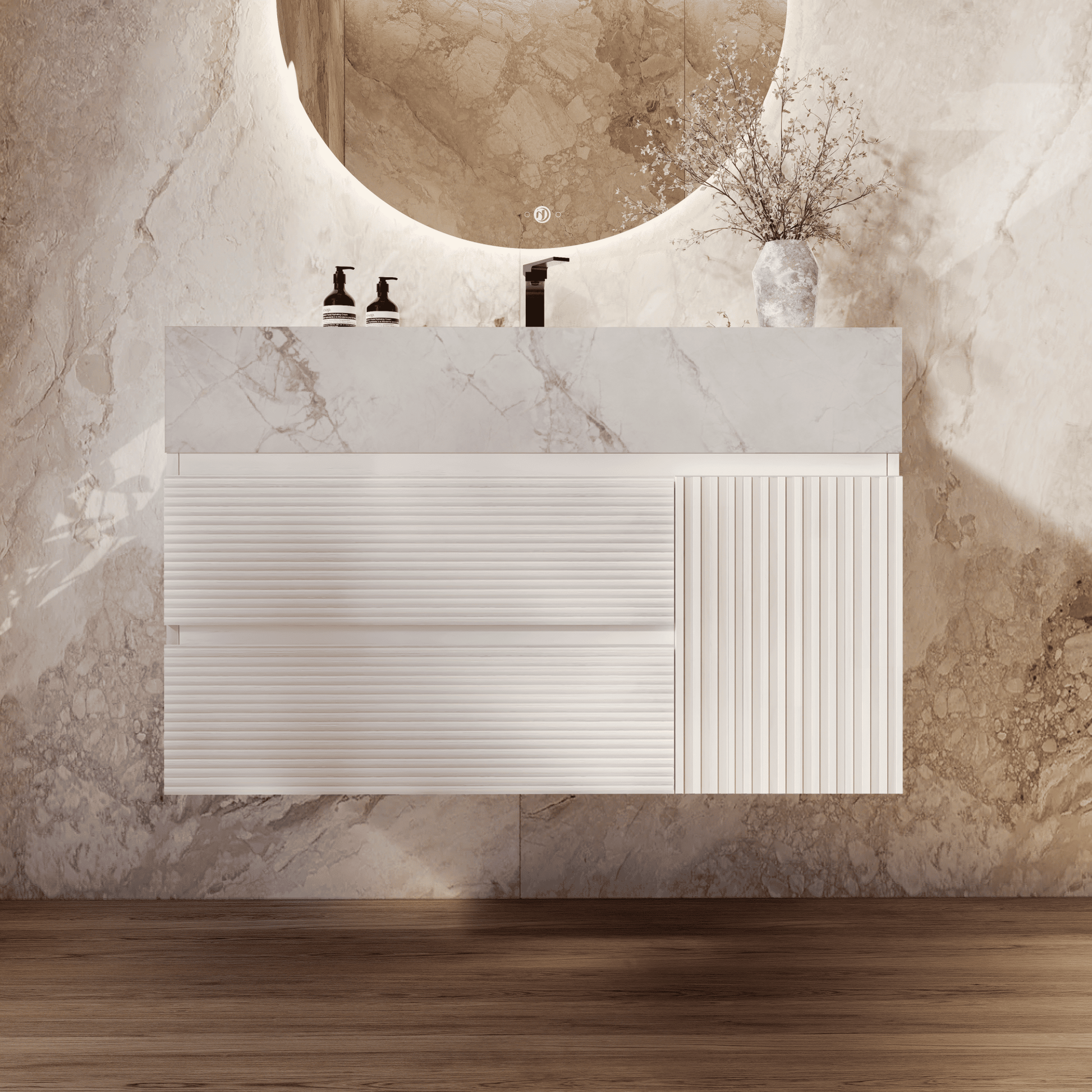 32" White Fluted Floating Vanity with Seamless Stone Sink - VanityCalacatta Gold