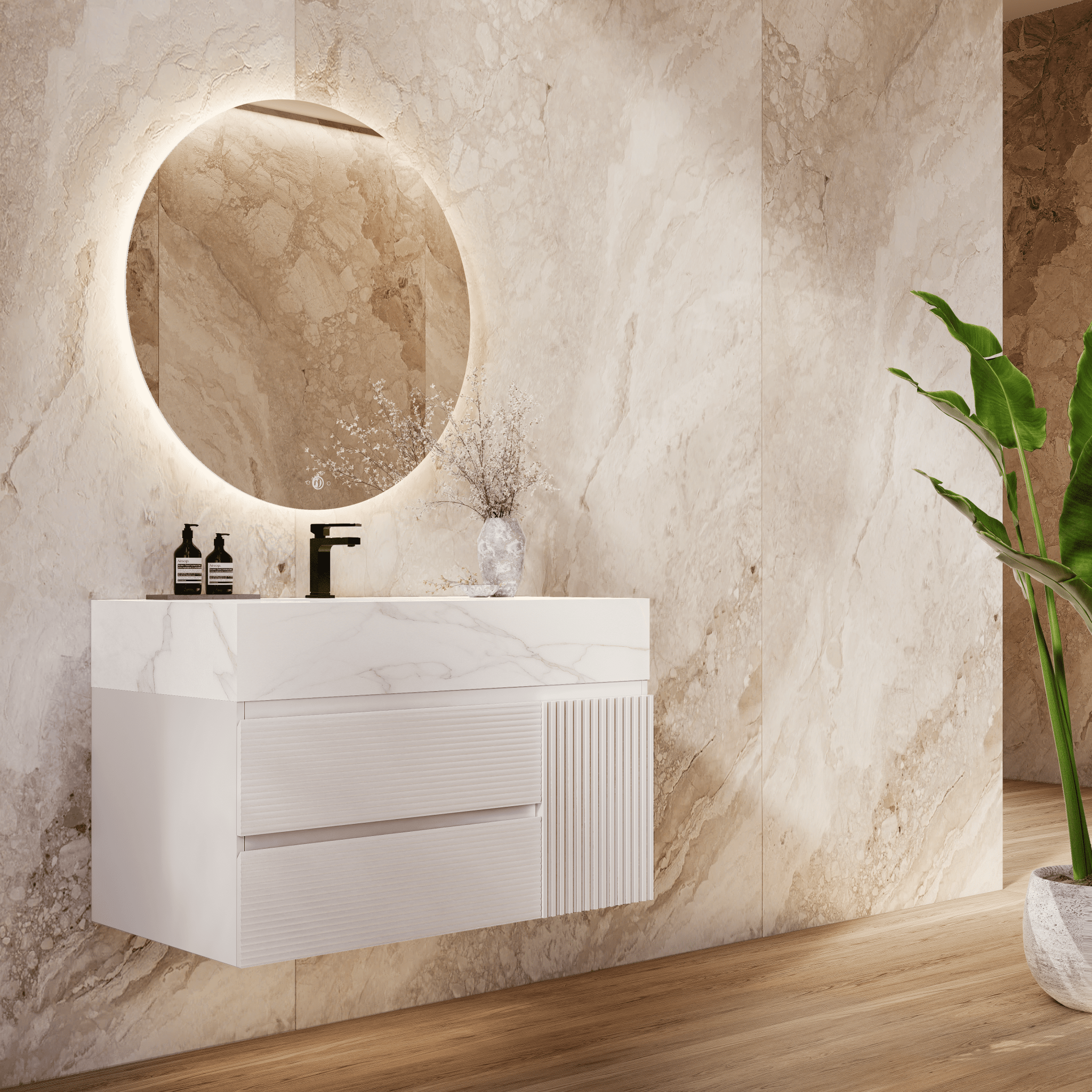 32" White Fluted Floating Vanity with Seamless Stone Sink - VanityCalacatta Gold