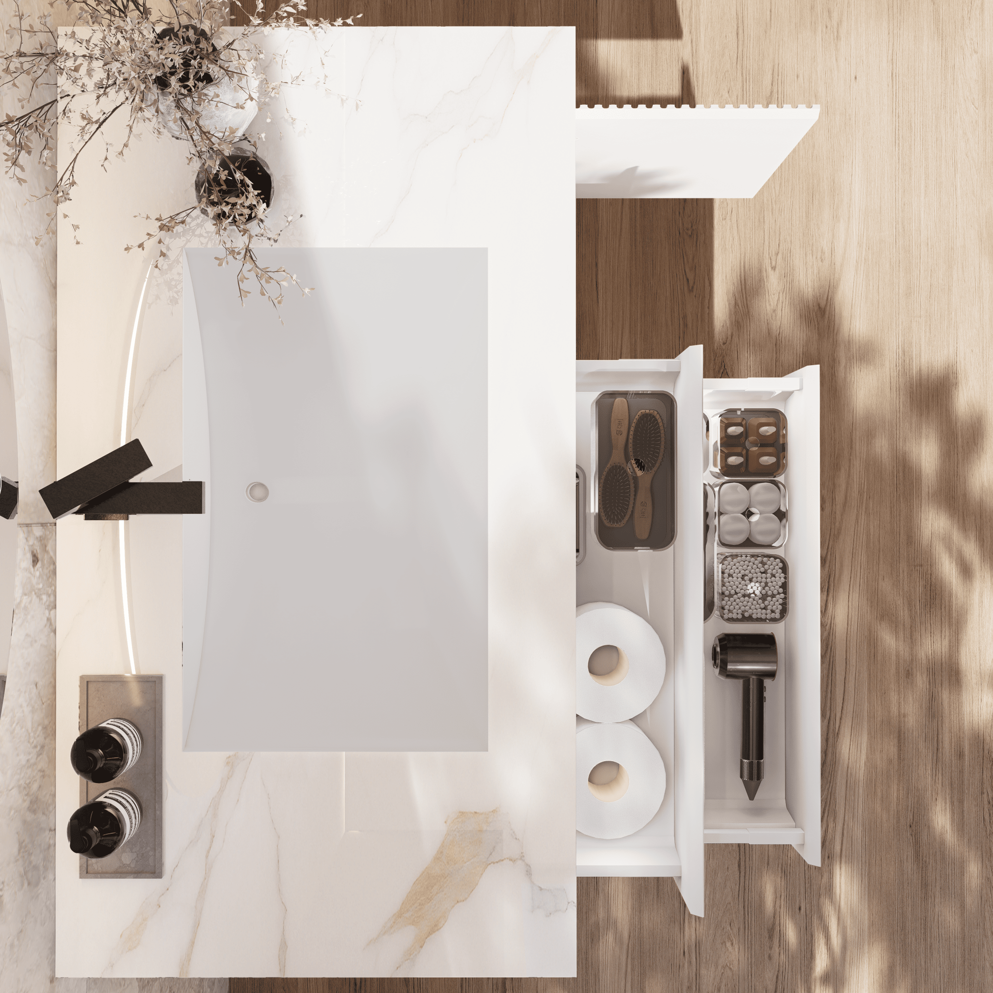 32" White Fluted Floating Vanity with Seamless Stone Sink - VanityCalacatta Gold