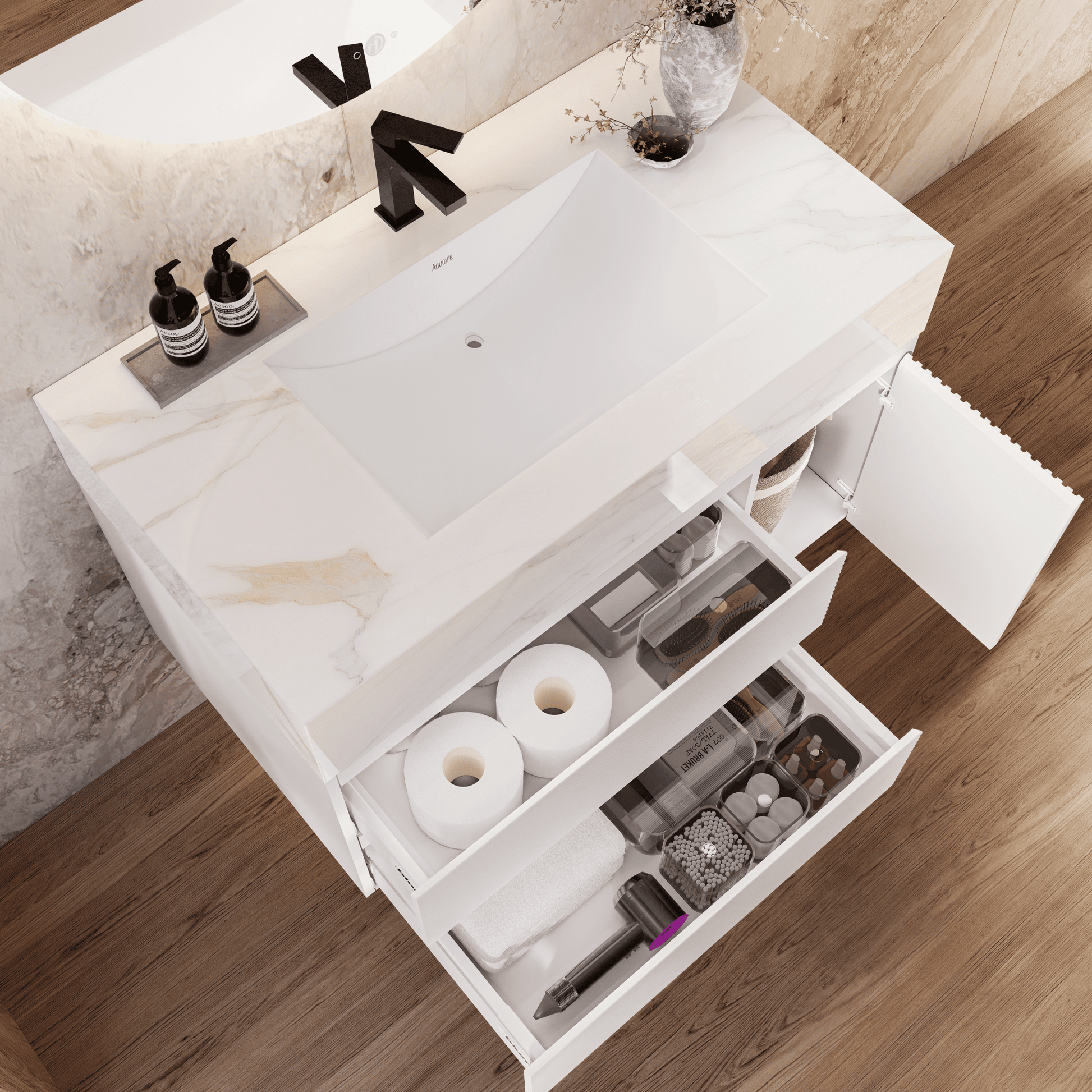 32" White Fluted Floating Vanity with Seamless Stone Sink - VanityCalacatta Gold