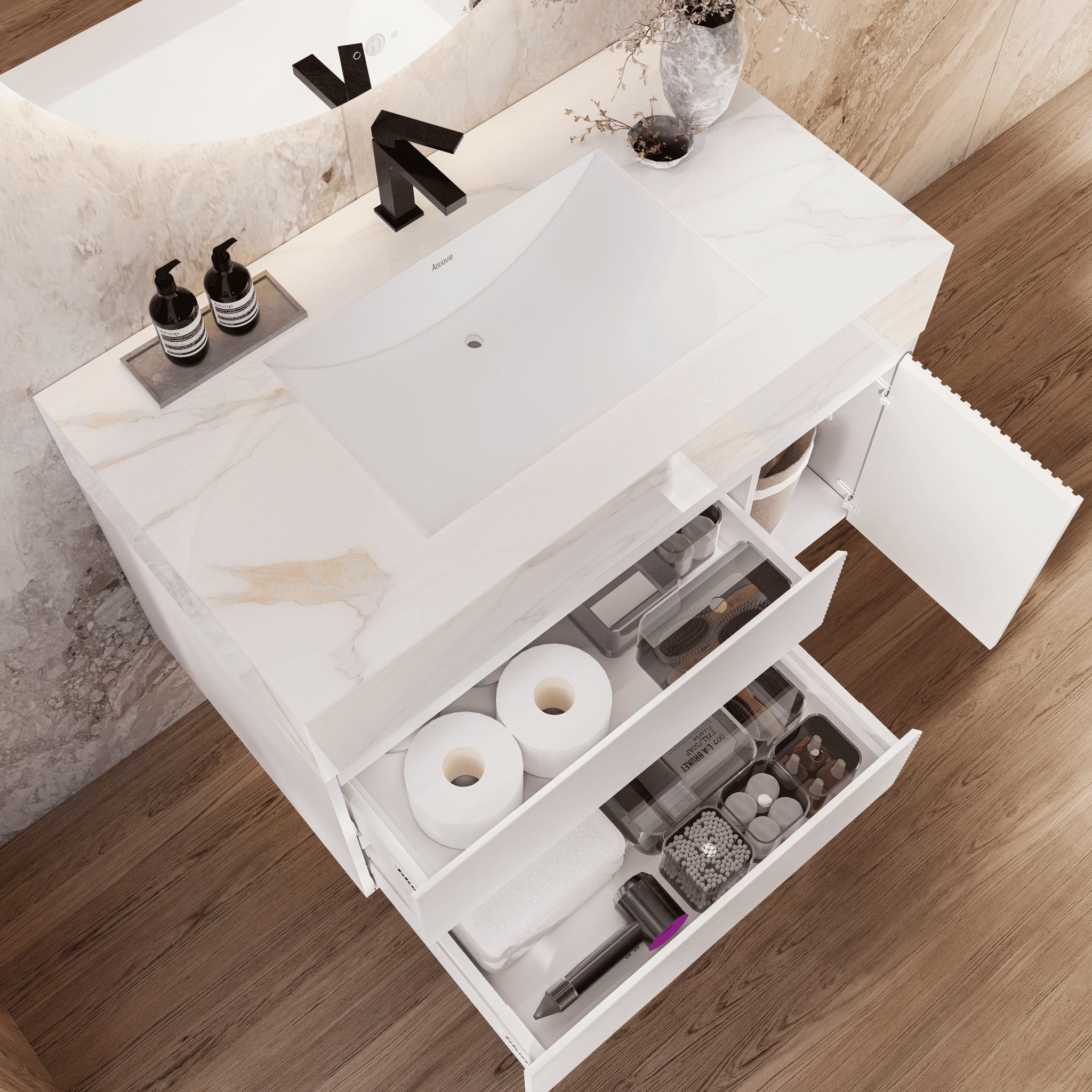 32" White Fluted Floating Vanity with Seamless Stone Sink - VanityCalacatta Gold