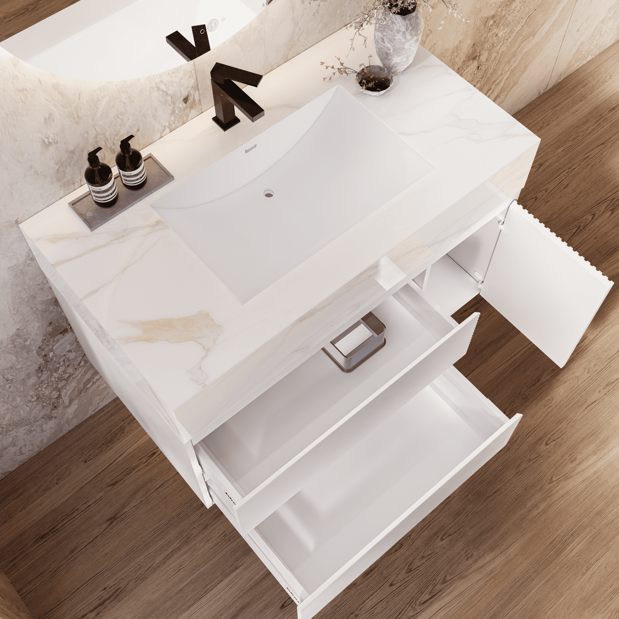 32" White Fluted Floating Vanity with Seamless Stone Sink - VanityCalacatta Gold