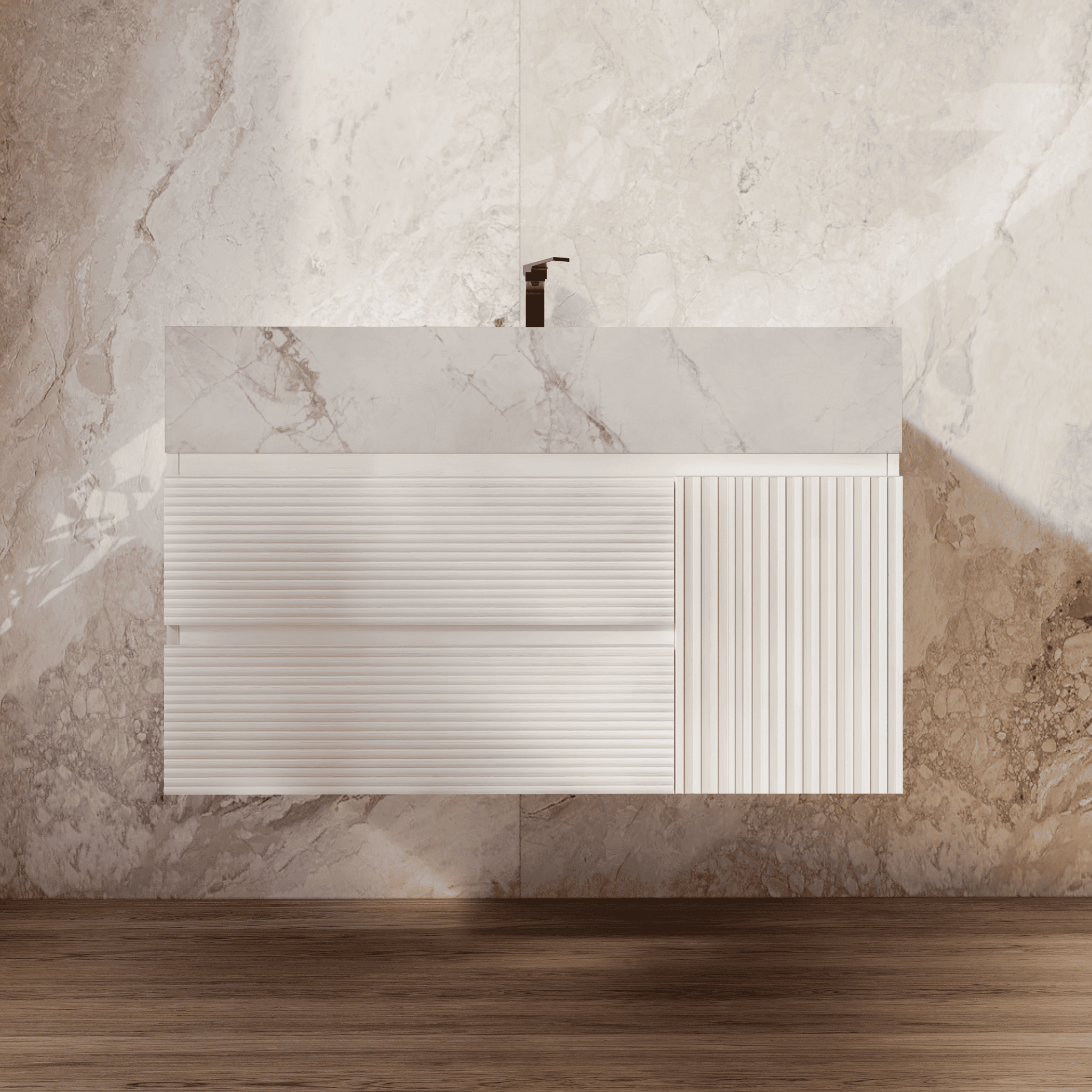 32" White Fluted Floating Vanity with Seamless Stone Sink - VanityIce Grey