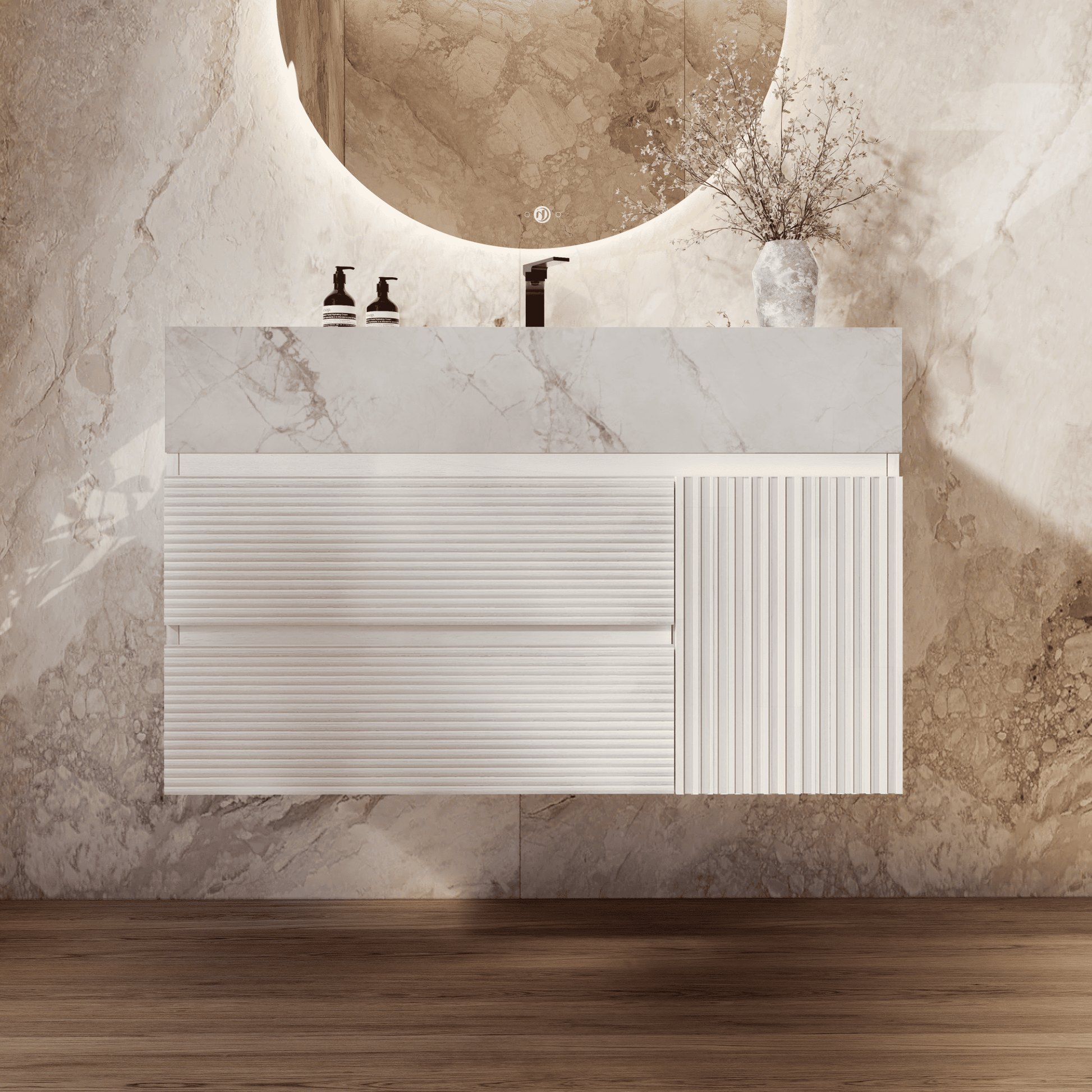 32" White Fluted Floating Vanity with Seamless Stone Sink - VanityIce Grey