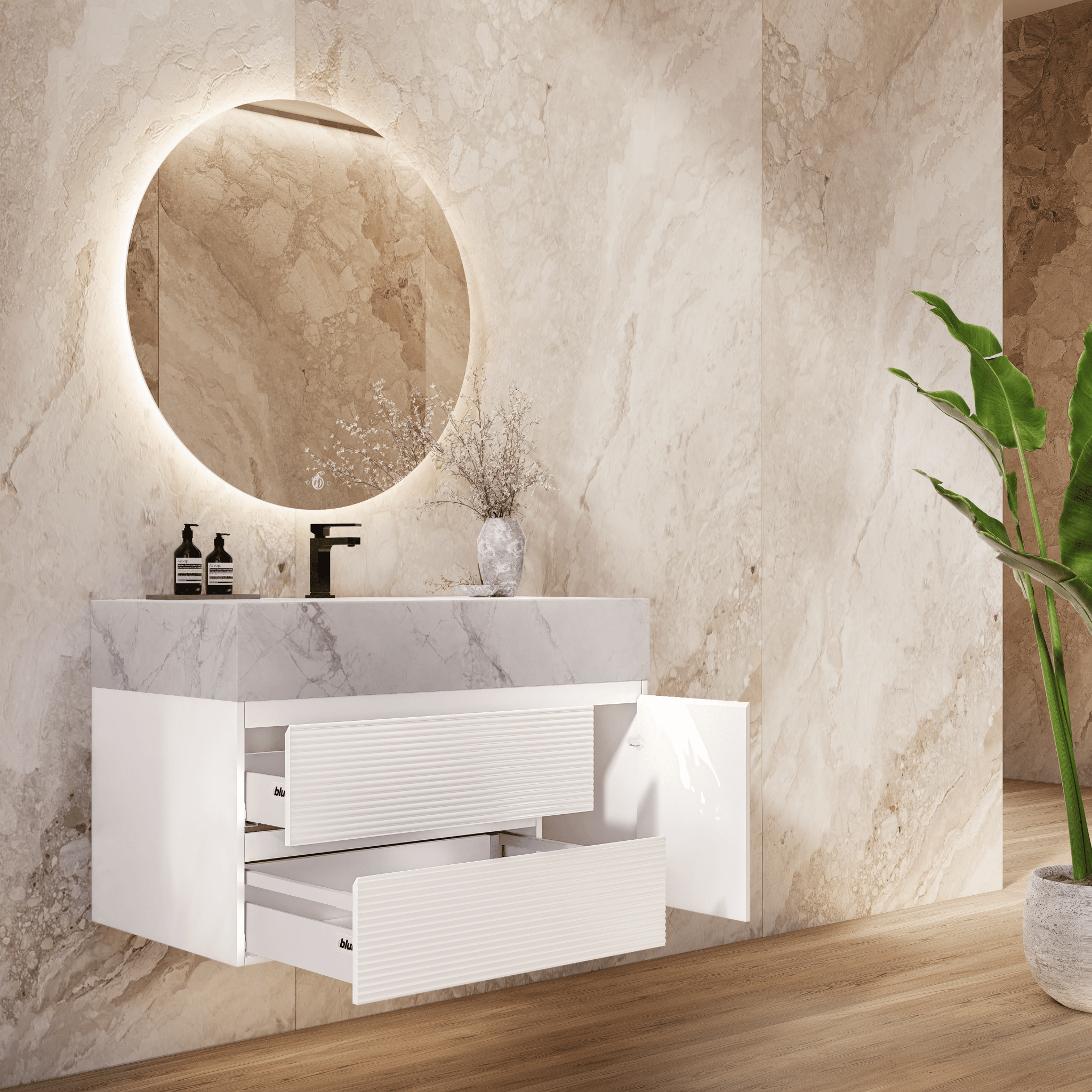 32" White Fluted Floating Vanity with Seamless Stone Sink - VanityIce Grey