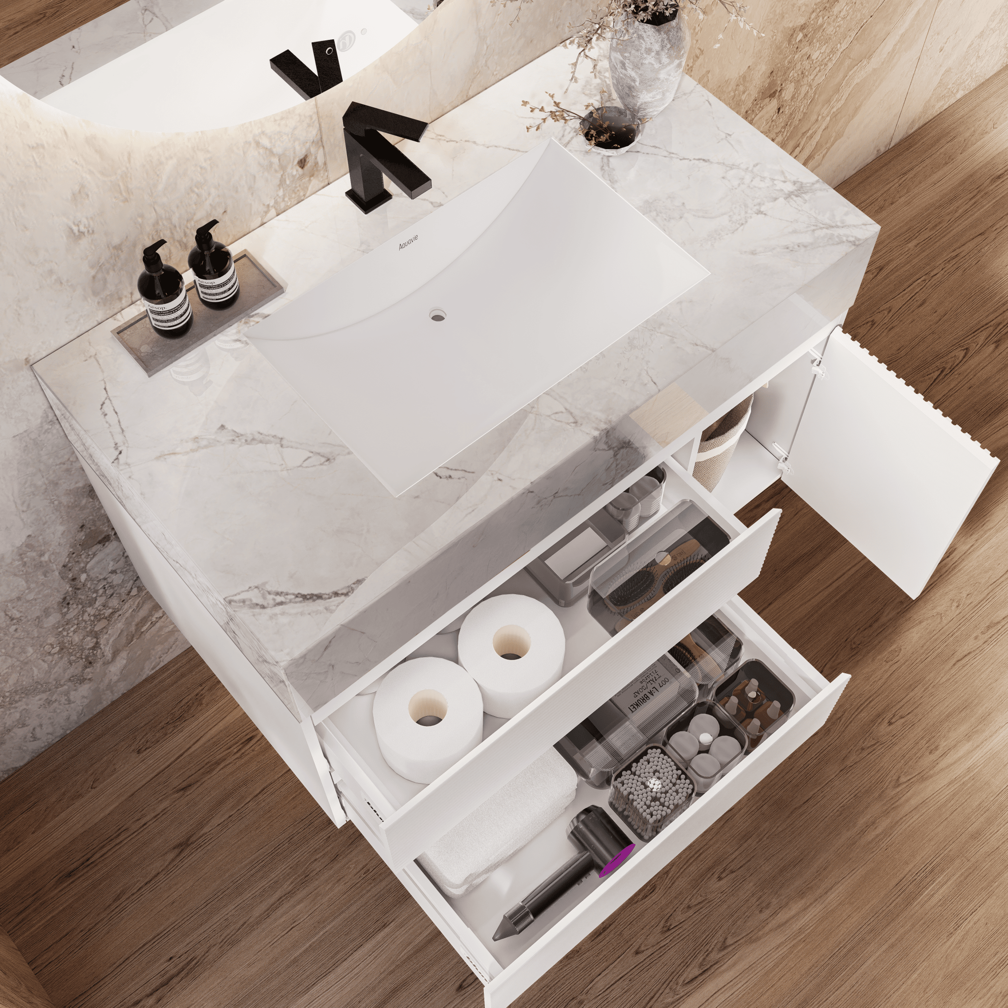 32" White Fluted Floating Vanity with Seamless Stone Sink - VanityIce Grey