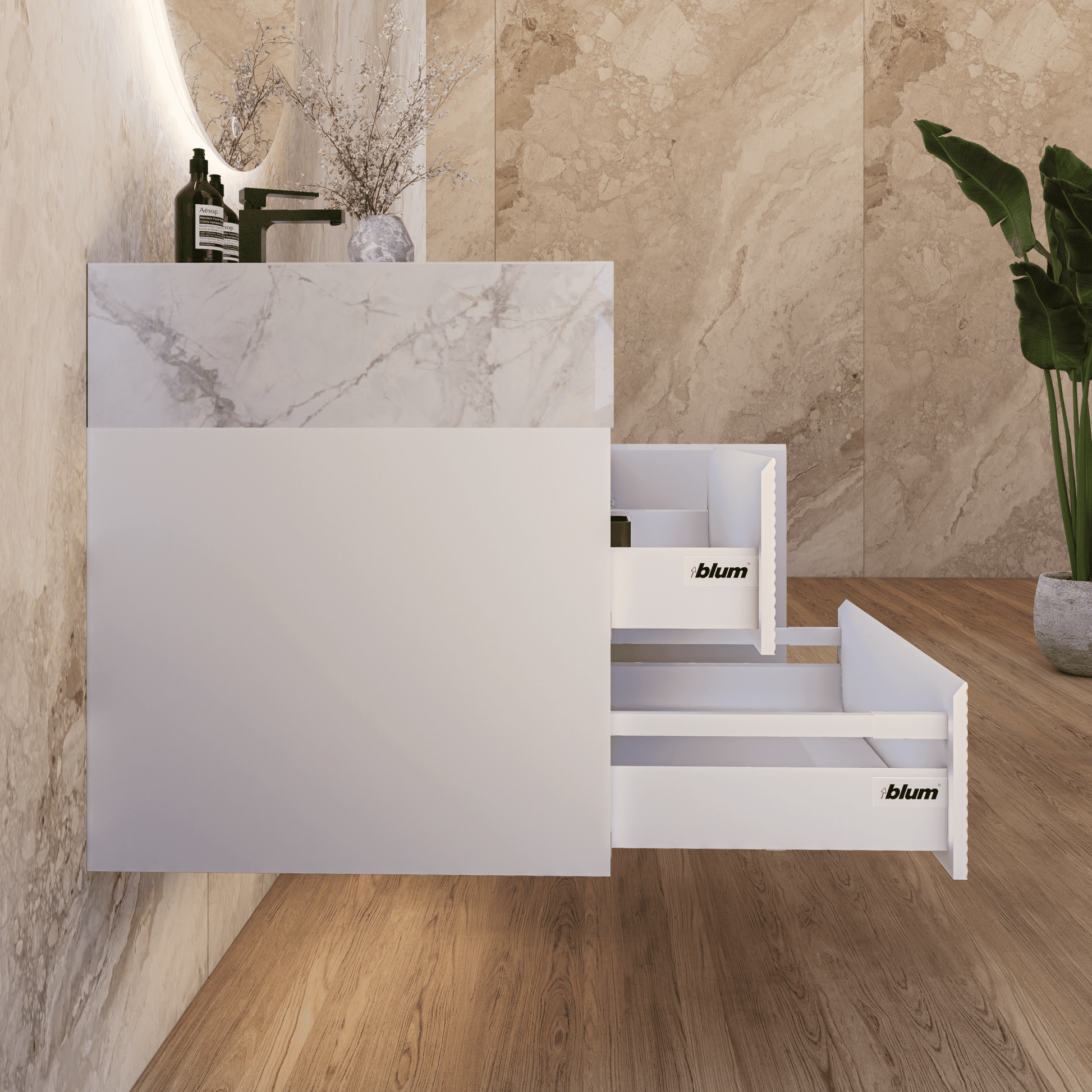 32" White Fluted Floating Vanity with Seamless Stone Sink - VanityIce Grey