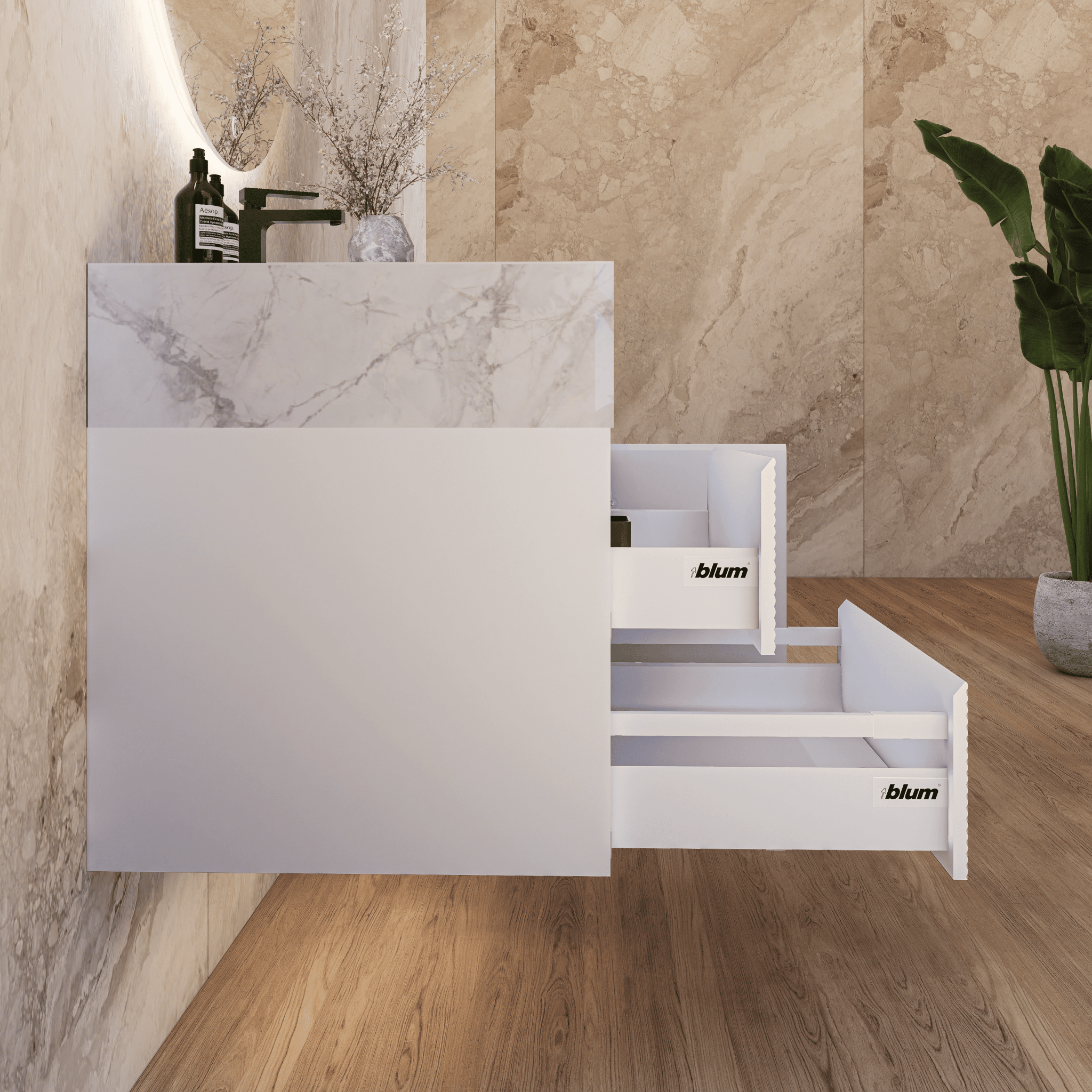 32" White Fluted Floating Vanity with Seamless Stone Sink - VanityIce Grey