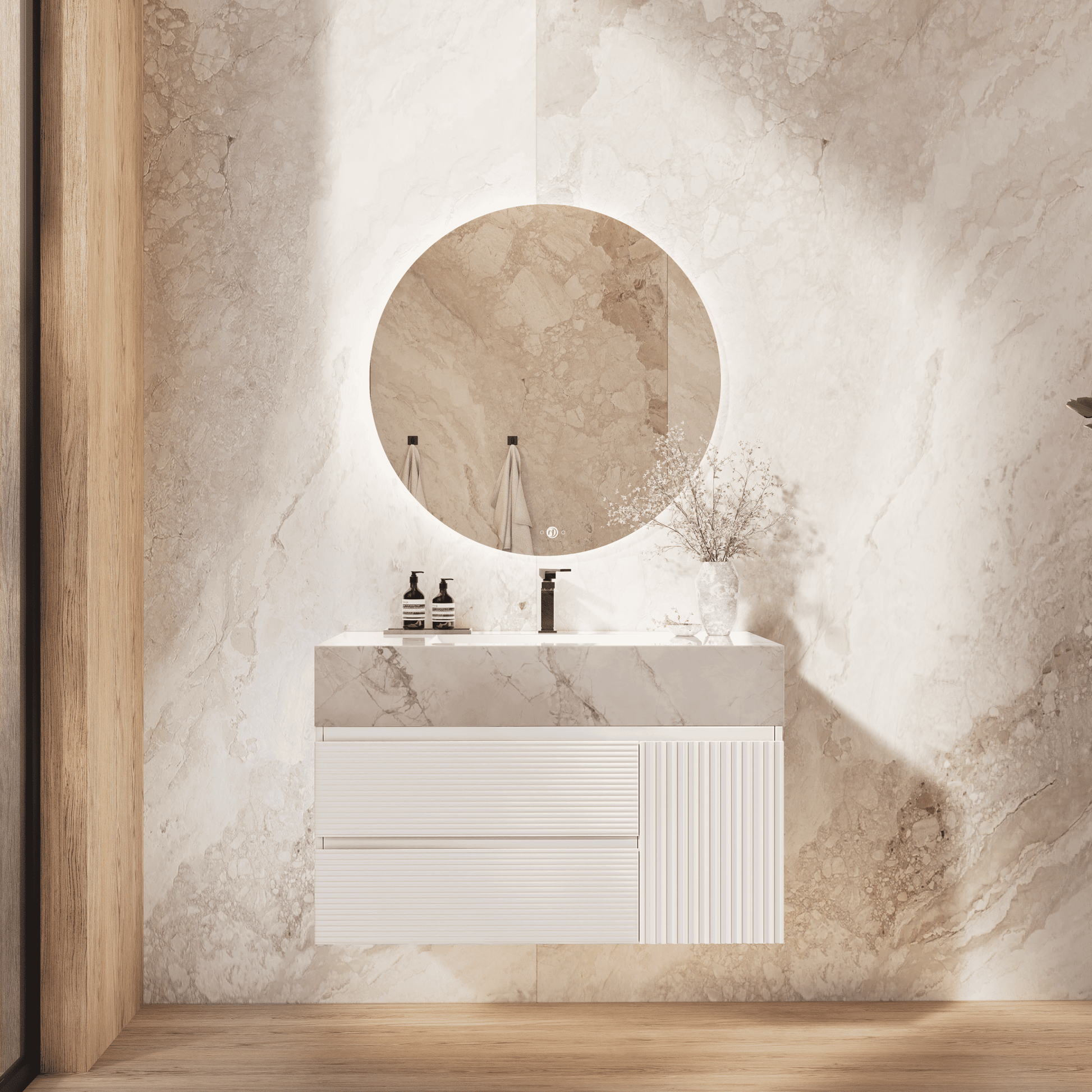 32" White Fluted Floating Vanity with Seamless Stone Sink - VanityIce Grey