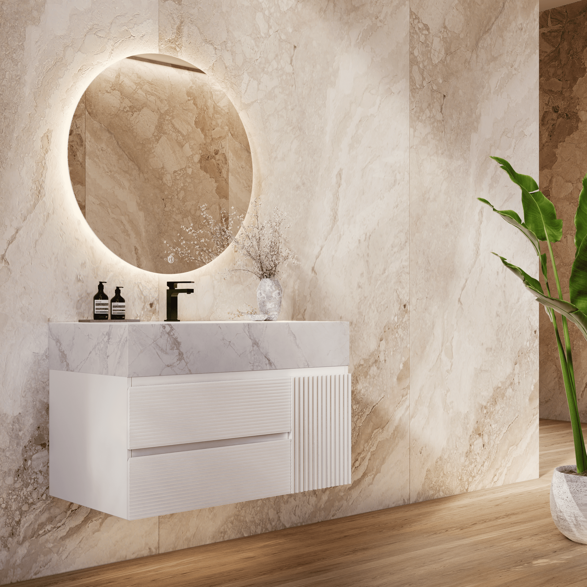 32" White Fluted Floating Vanity with Seamless Stone Sink - VanityIce Grey