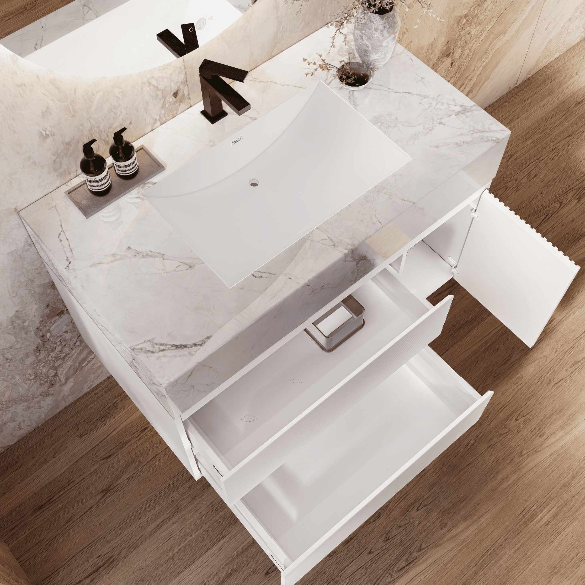 32" White Fluted Floating Vanity with Seamless Stone Sink - VanityIce Grey