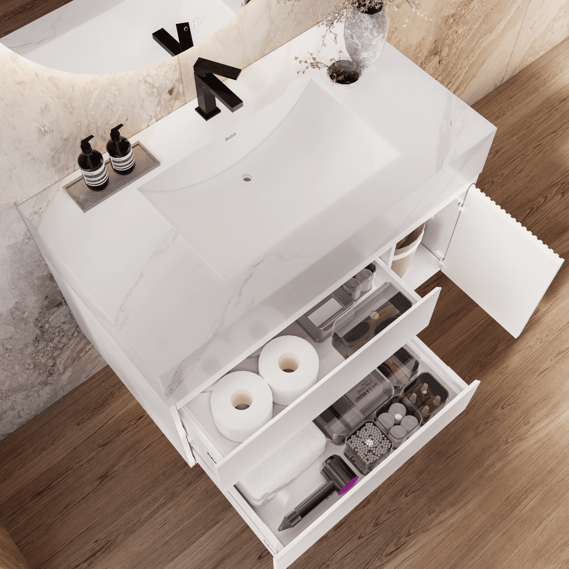 32" White Fluted Floating Vanity with Seamless Stone Sink - VanityWhite Carrara