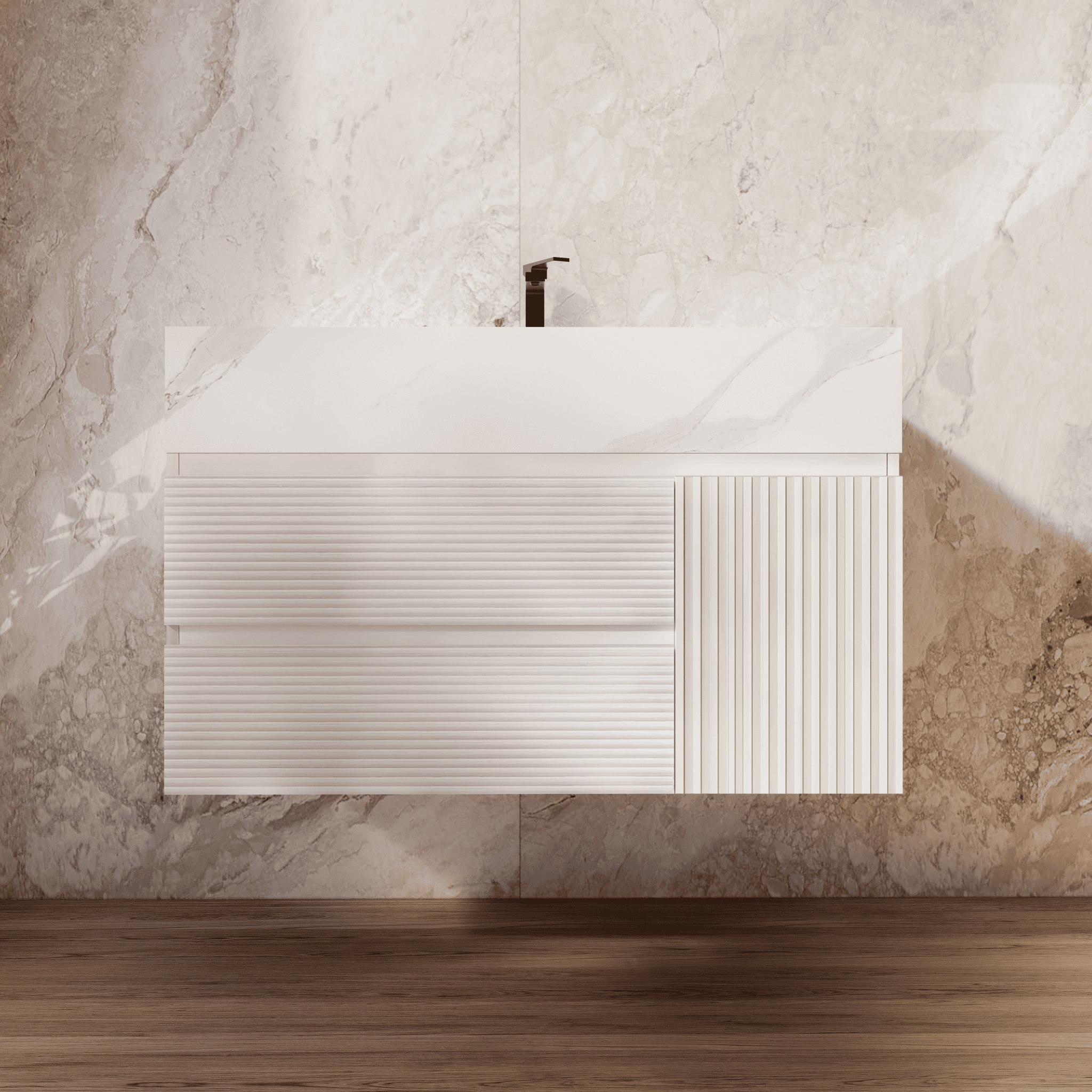 32" White Fluted Floating Vanity with Seamless Stone Sink - VanityWhite Carrara