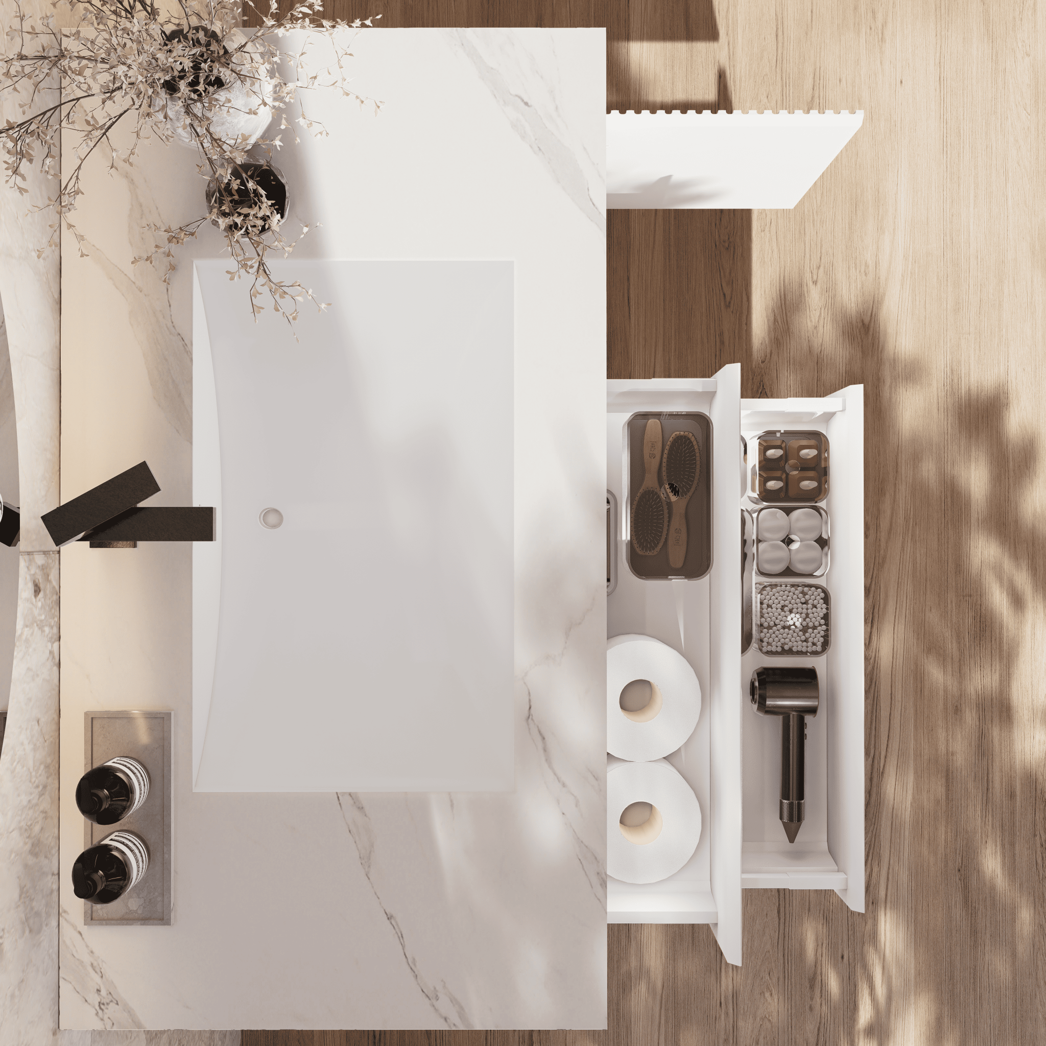 32" White Fluted Floating Vanity with Seamless Stone Sink - VanityWhite Carrara