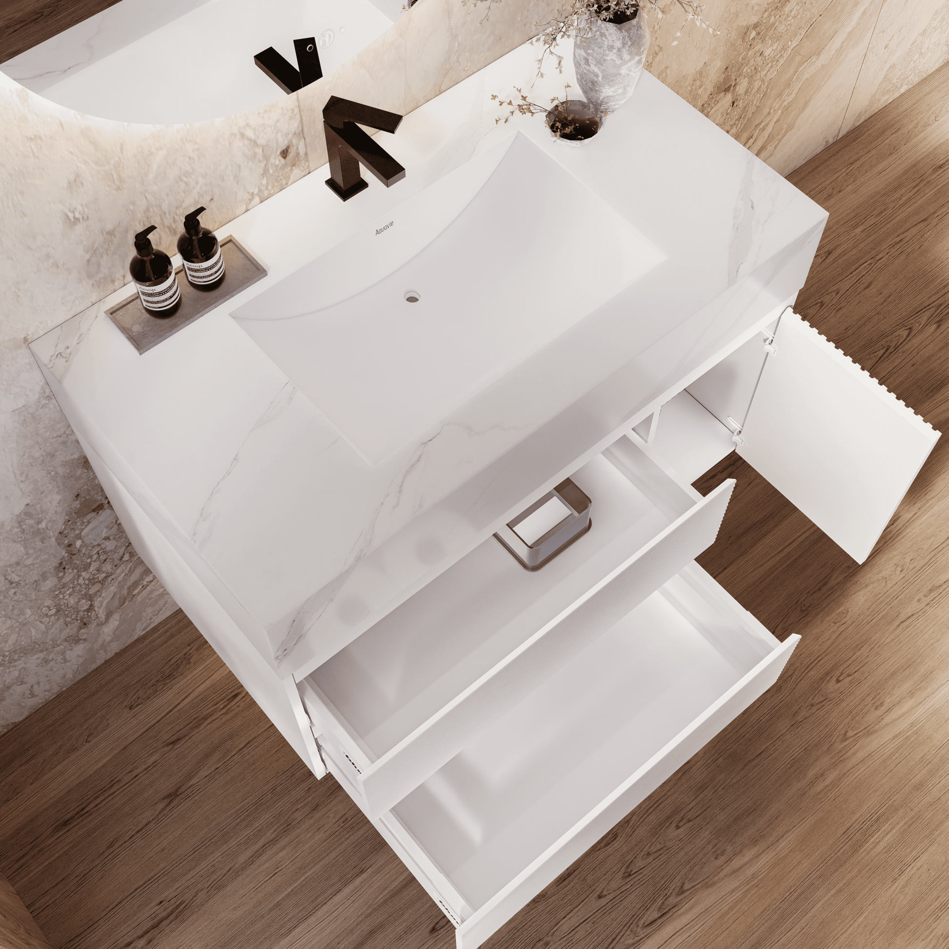 32" White Fluted Floating Vanity with Seamless Stone Sink - VanityWhite Carrara