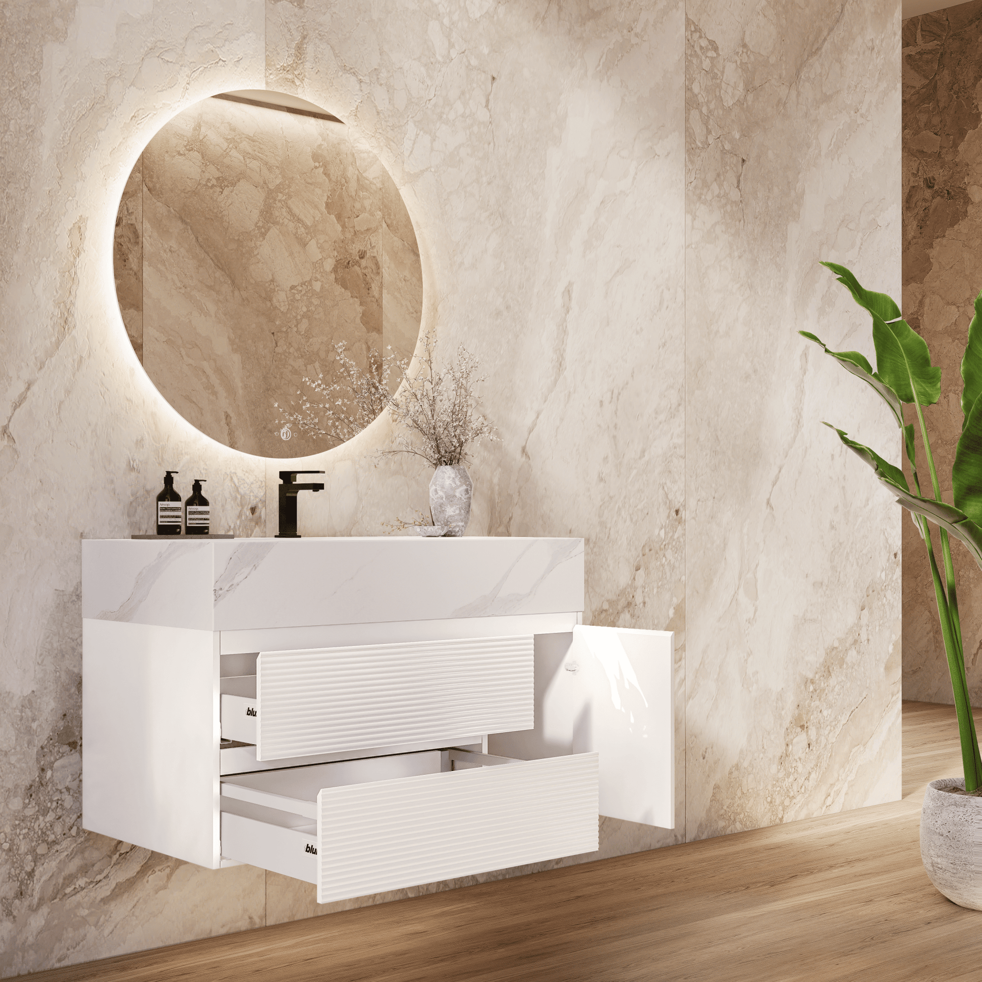 32" White Fluted Floating Vanity with Seamless Stone Sink - VanityWhite Carrara