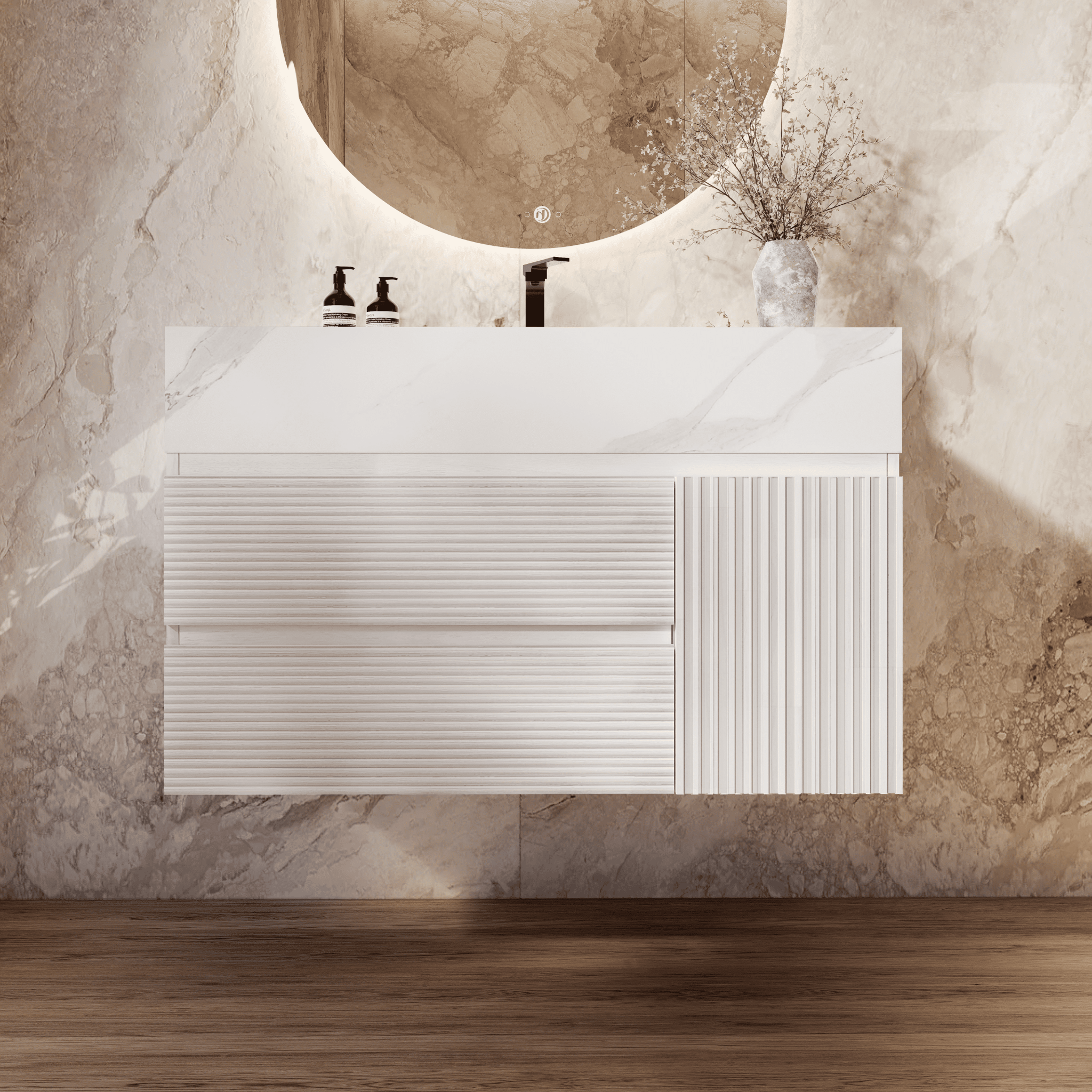 32" White Fluted Floating Vanity with Seamless Stone Sink - VanityWhite Carrara