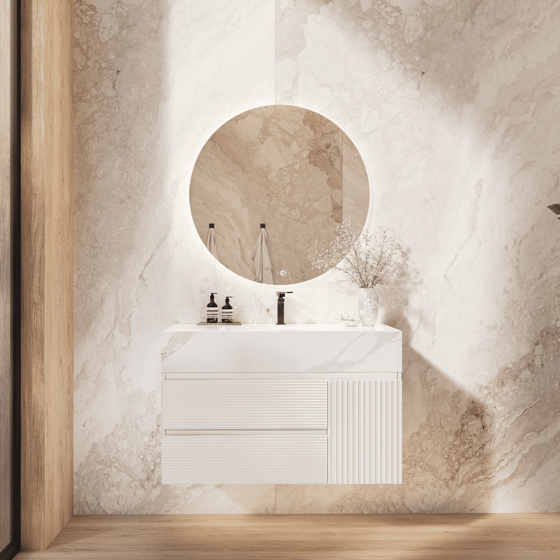 32" White Fluted Floating Vanity with Seamless Stone Sink - VanityWhite Carrara