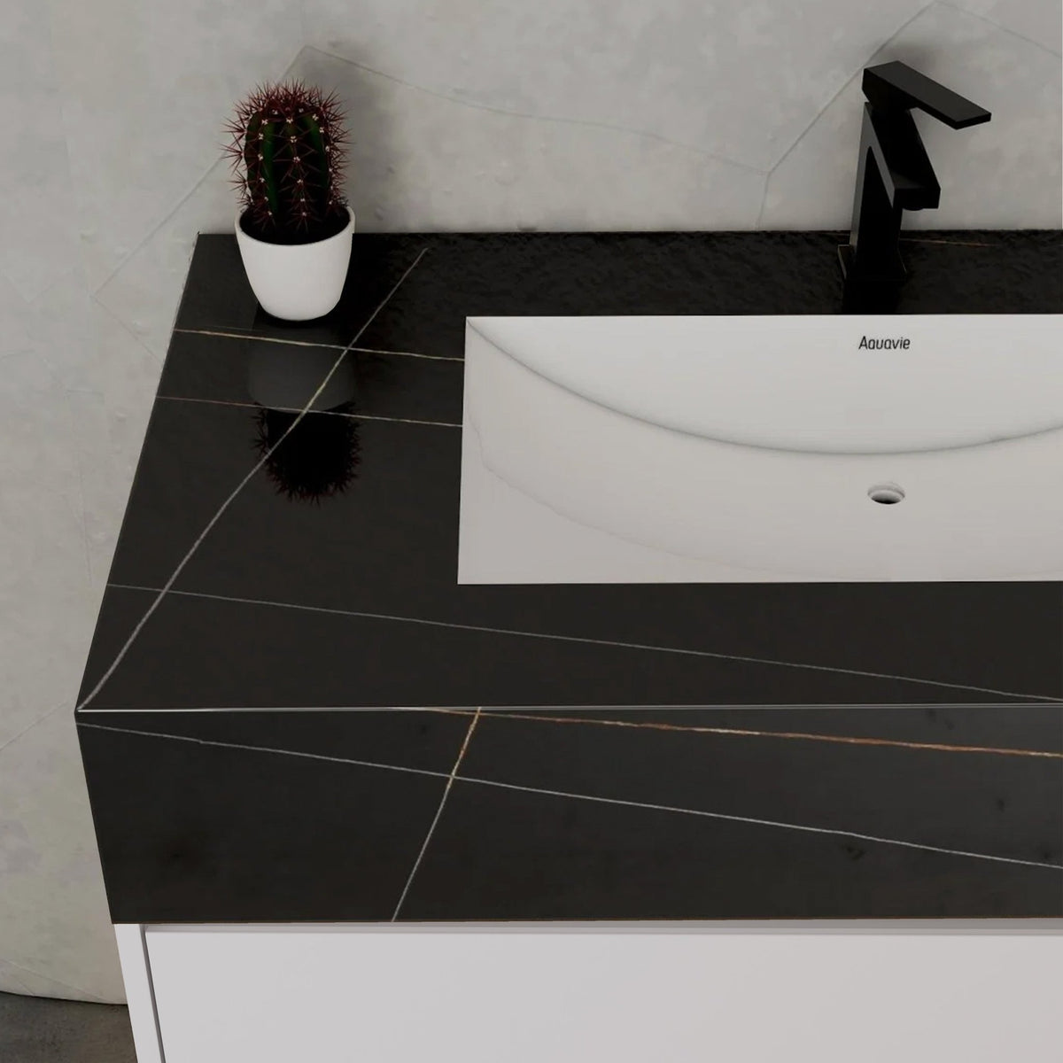 32" White Sintered Stone Top with Hotel-Style Floating Bathroom Vanity -VanityBlack Marquina Gold Veins