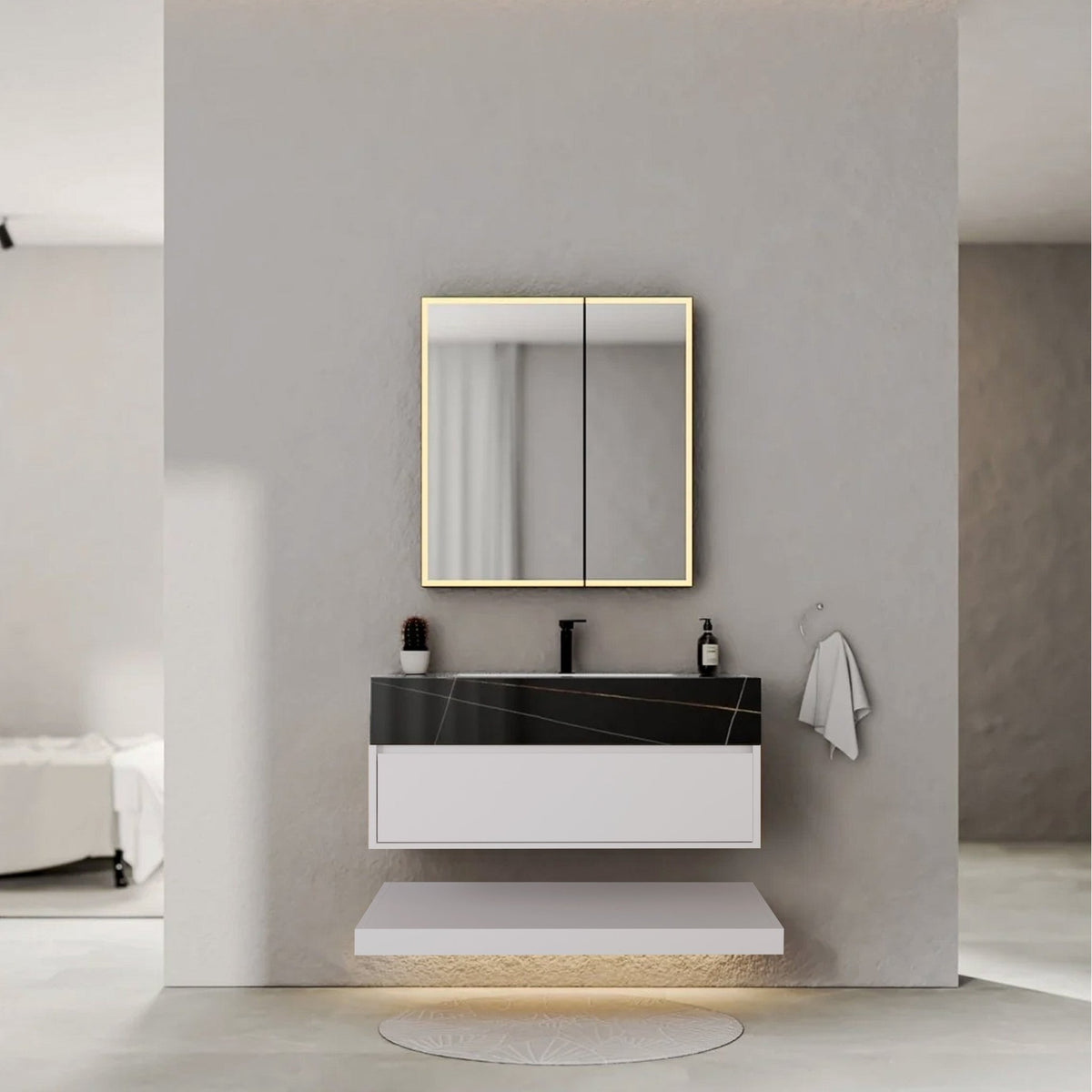 32" White Sintered Stone Top with Hotel-Style Floating Bathroom Vanity -VanityBlack Marquina Gold Veins