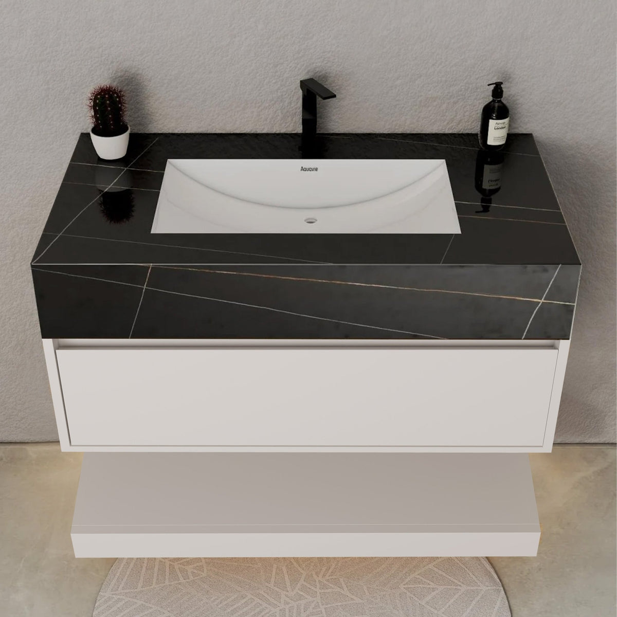 32" White Sintered Stone Top with Hotel-Style Floating Bathroom Vanity -VanityBlack Marquina Gold Veins