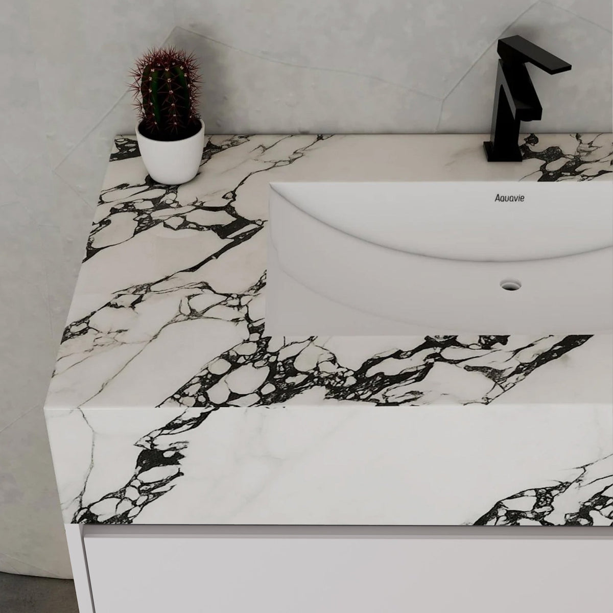 32" White Sintered Stone Top with Hotel-Style Floating Bathroom Vanity -VanityCalacatta Black