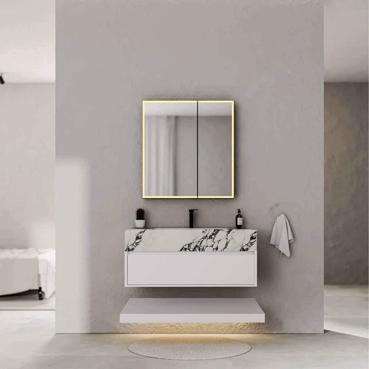 32" White Sintered Stone Top with Hotel-Style Floating Bathroom Vanity -VanityCalacatta Black