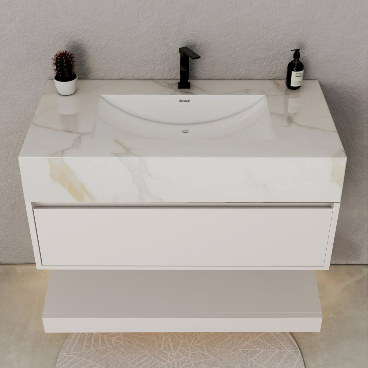 32" White Sintered Stone Top with Hotel-Style Floating Bathroom Vanity -VanityCalacatta Gold