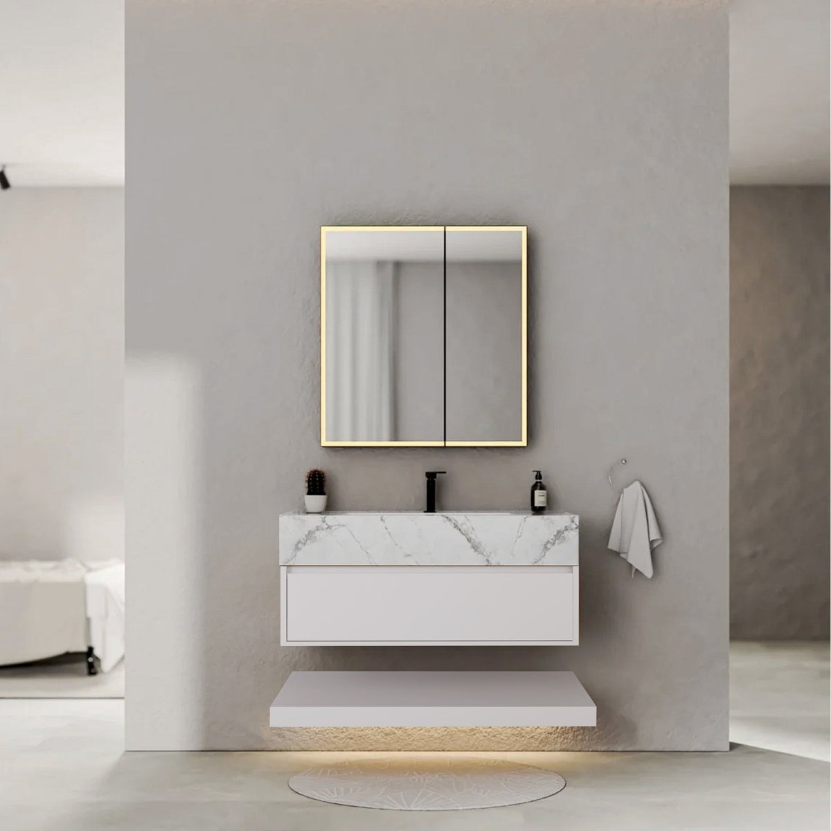 32" White Sintered Stone Top with Hotel-Style Floating Bathroom Vanity -VanityIce Grey