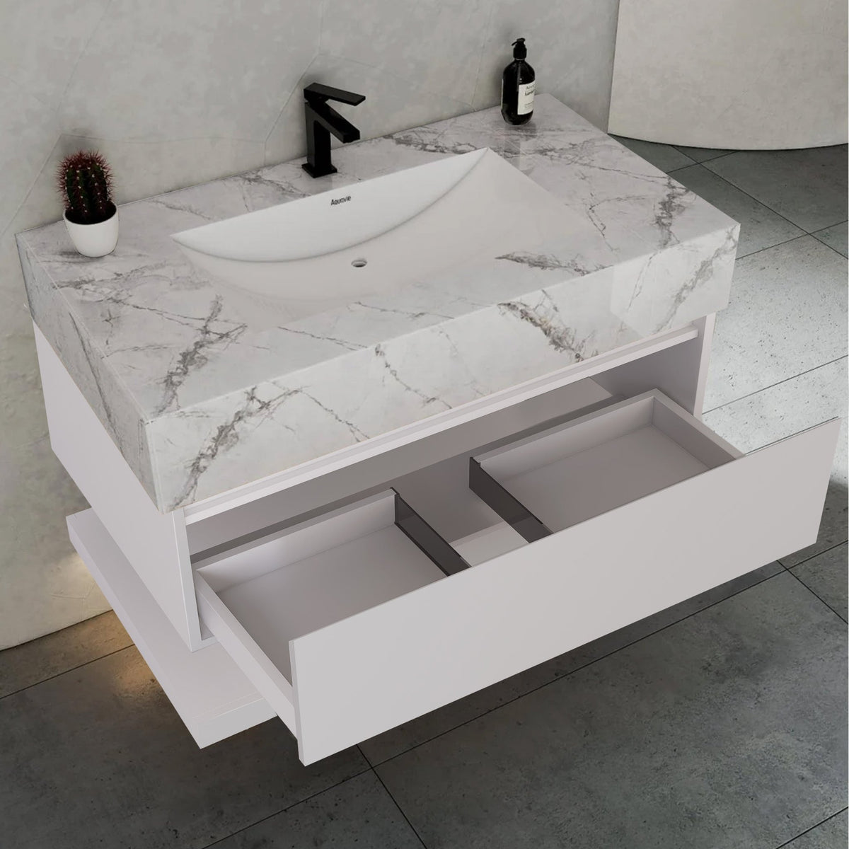 32" White Sintered Stone Top with Hotel-Style Floating Bathroom Vanity -VanityIce Grey